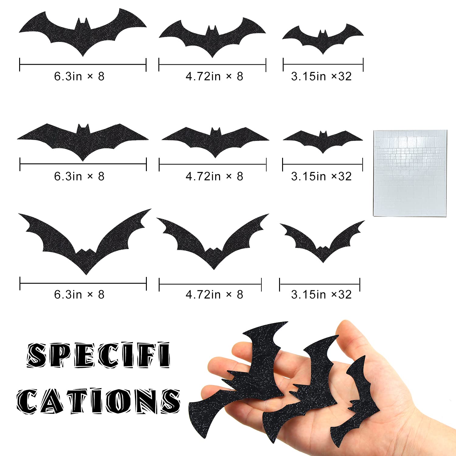 Kimober 144Pcs Halloween Bats Wall Decor,Glittery 3D Bat Wall Decal Stickers For Halloween Party Indoor Outdoor Supplies