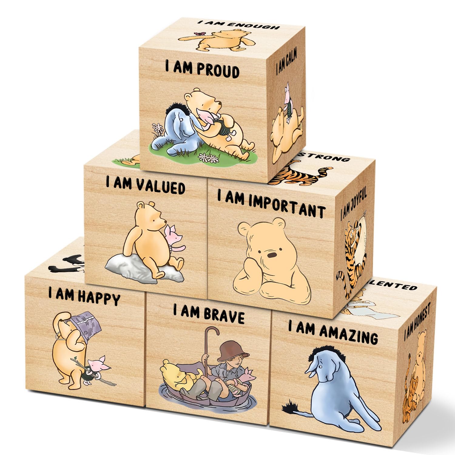 Tillfuru 6 Pcs Inspirational Winnie Nursery Decor for Girls and Boys Wooden The Pooh Decorations Winnie Baby Table Wooden Decora