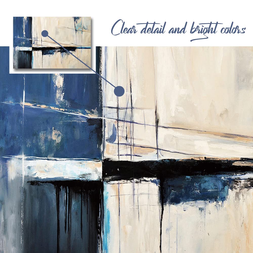 Large Abstract Canvas Wall Art Modern Geometric Art Paintings Blue Blocks and Lines Painted on Cream Background Elegantly Framed Artwork Pictures for Living Room Bedroom Wall Decor 48x32in