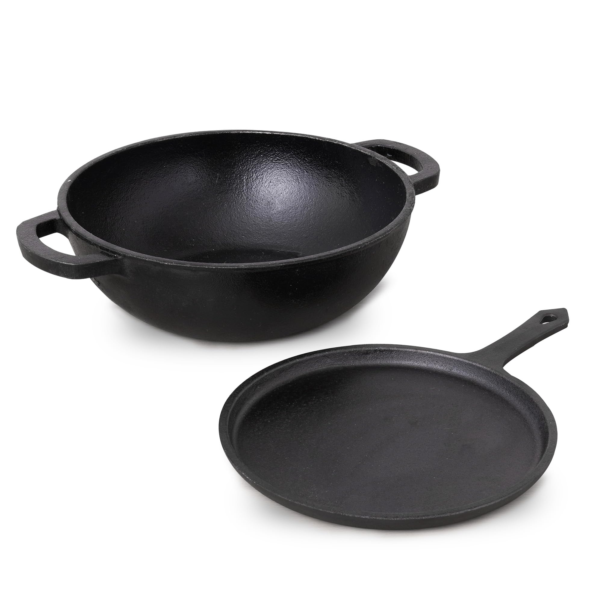 The Indus Valley Pre-Seasoned Cast Iron Cookware Set | Tawa (25.7 Cm) + Kadai (25.4 Cm/2.3L) | Kitchen Cooking Combo Pots And Pa