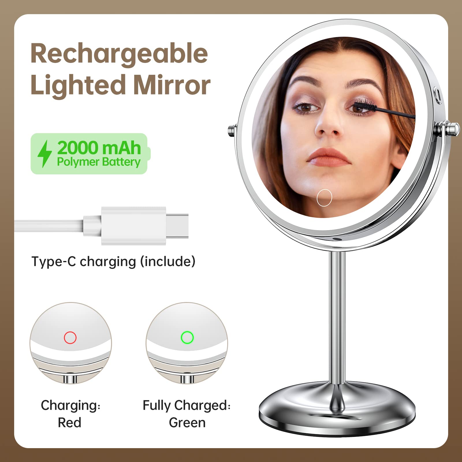 Gospire Lighted Makeup Mirror With Magnification 10X, Rechargeable Stepless Dimming Led Vanity Mirror 7'', 360 Swivel Magnifying