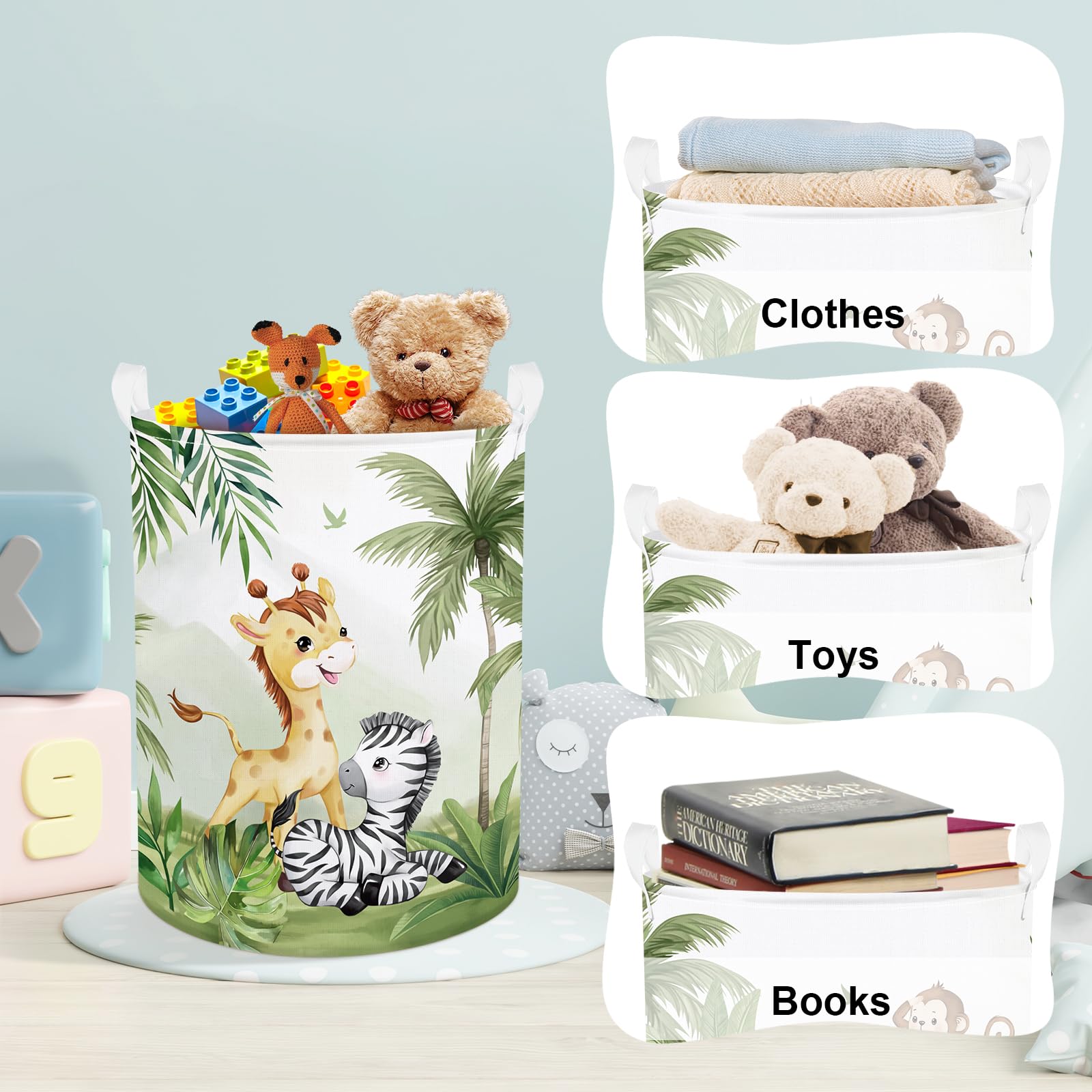 Clastyle 63L Large Rainforest Animals Kid Laundry Hamper With Handle Boy Girl Bedroom Bathroom Nursery Clothes Toy Storage Baske