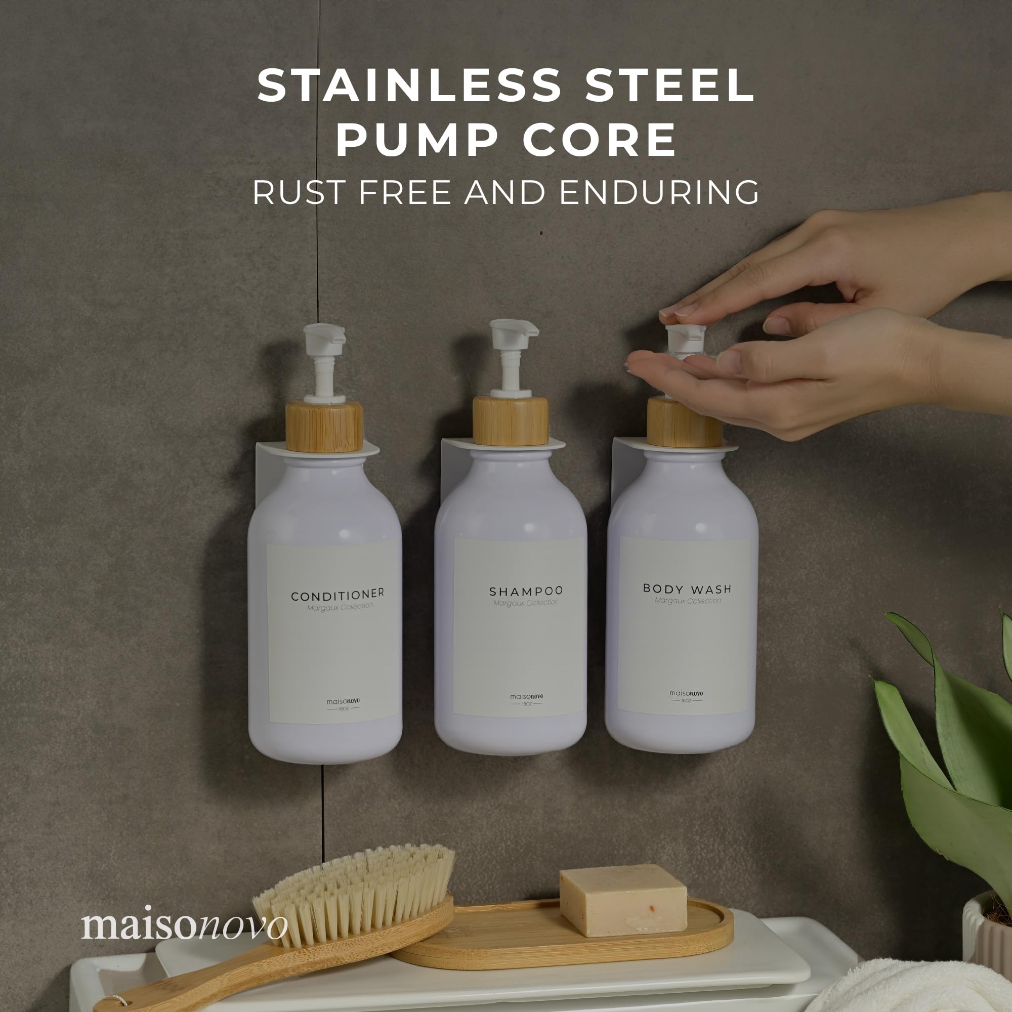 Maisonovo Shampoo And Conditioner Dispenser - Shower Soap Dispenser Wall Mounted - 16.9 Fl Oz Set Of 3 White Plastic Bottles Whi