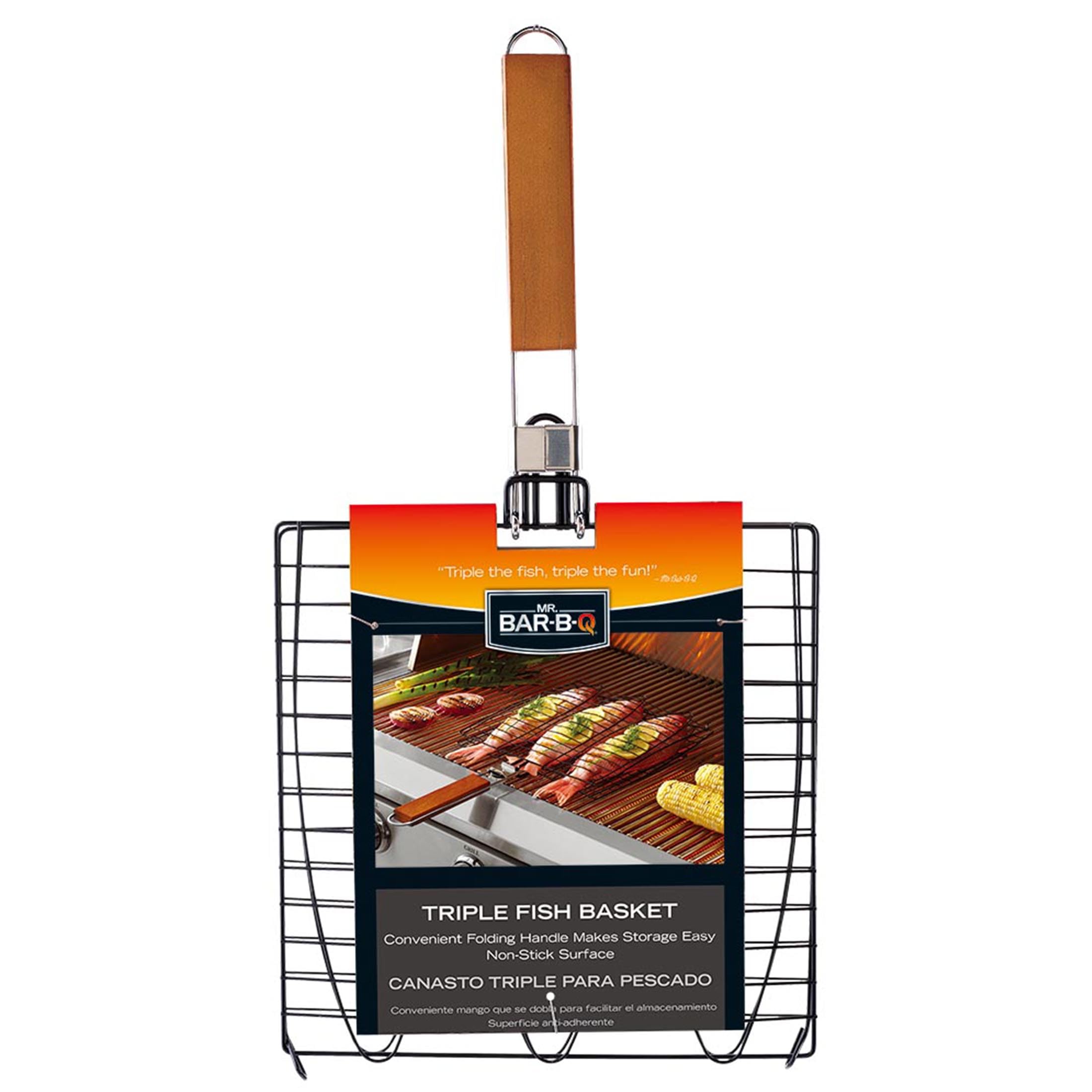 Mr. Bar-B-Q Non-Stick Triple Fish Basket With Folding Handle Home, Black