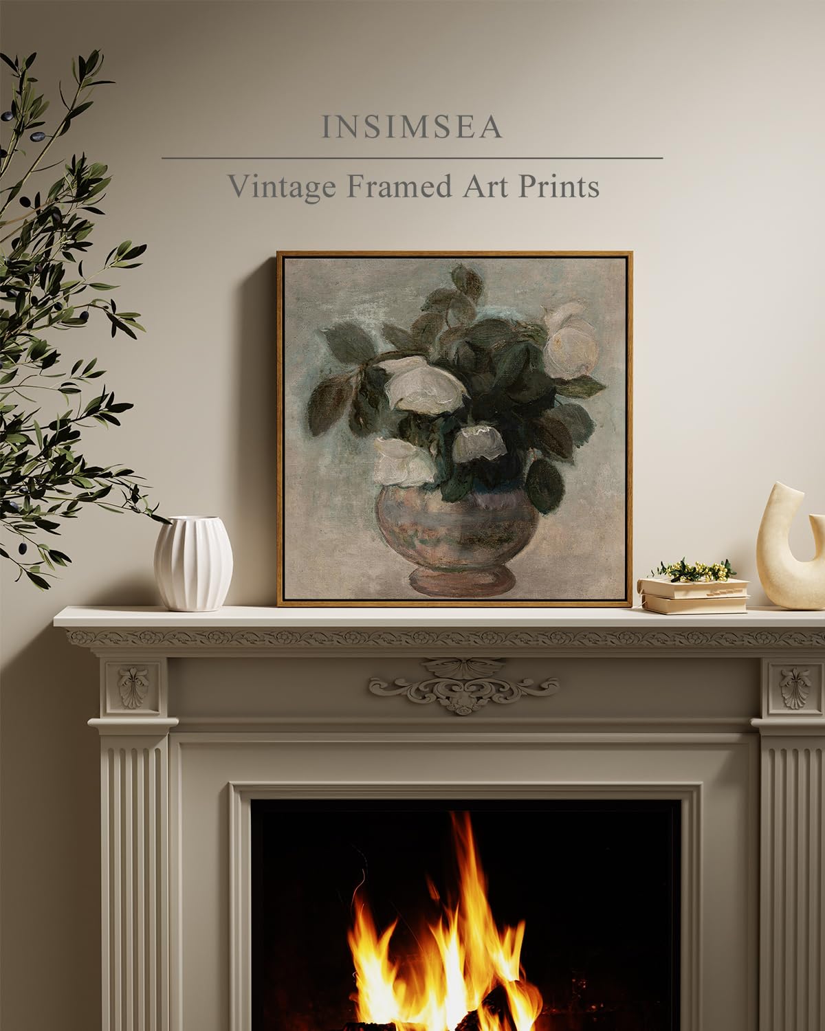 Insimsea Square Framed Canvas Wall Art, Flowers Decor Flowers In Vase Paintings Wall Art, Floral Pictures Wall Decor For Bedroom