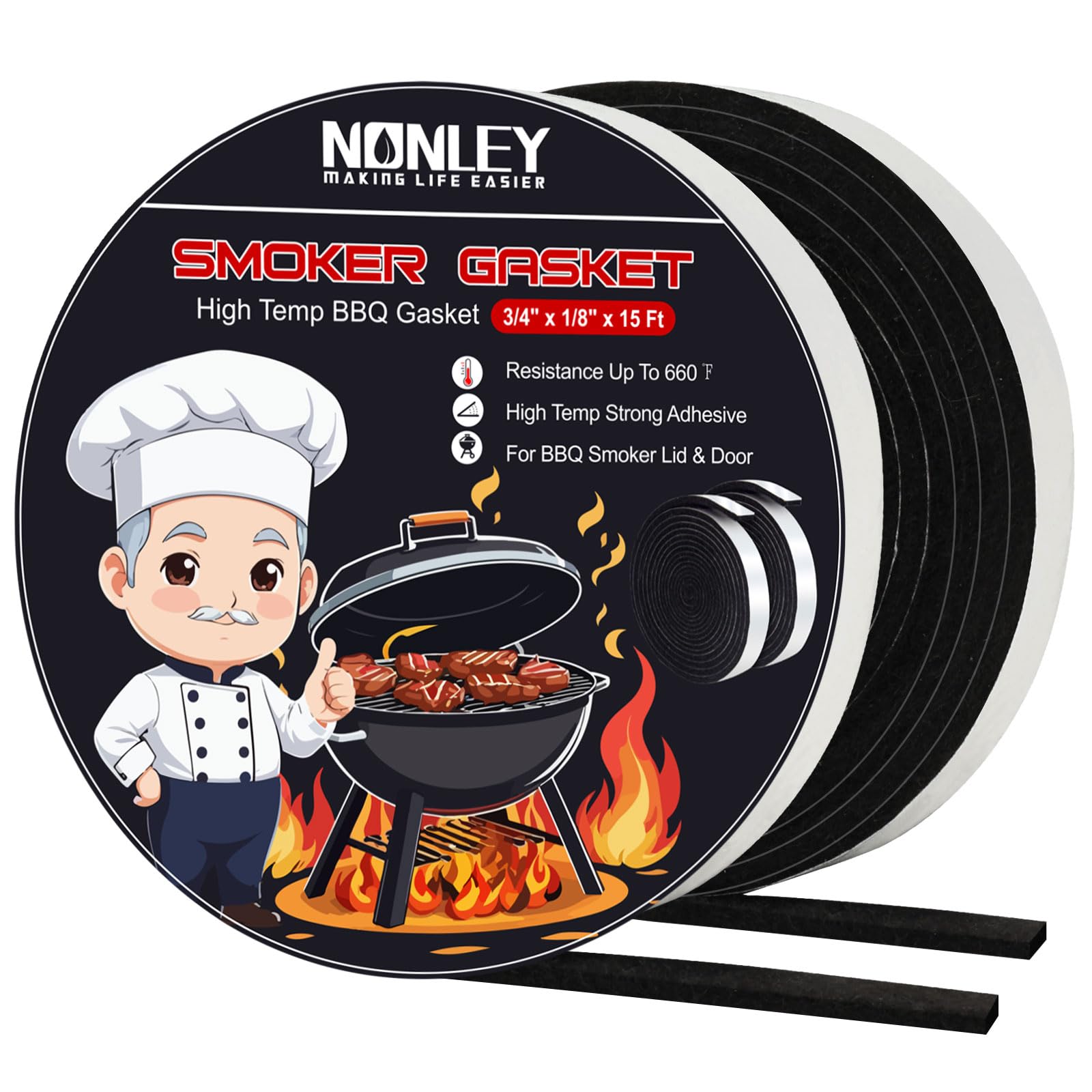 Nonley Smoker Gasket Seals 15 FT XXL - 3/4 x 1/8 High Temp Grill Gasket for Smokers - BBQ Gasket Smoker Seal Self Stick  High Heat Grill Gasket Seal Tape for Smokers BBQ Lid