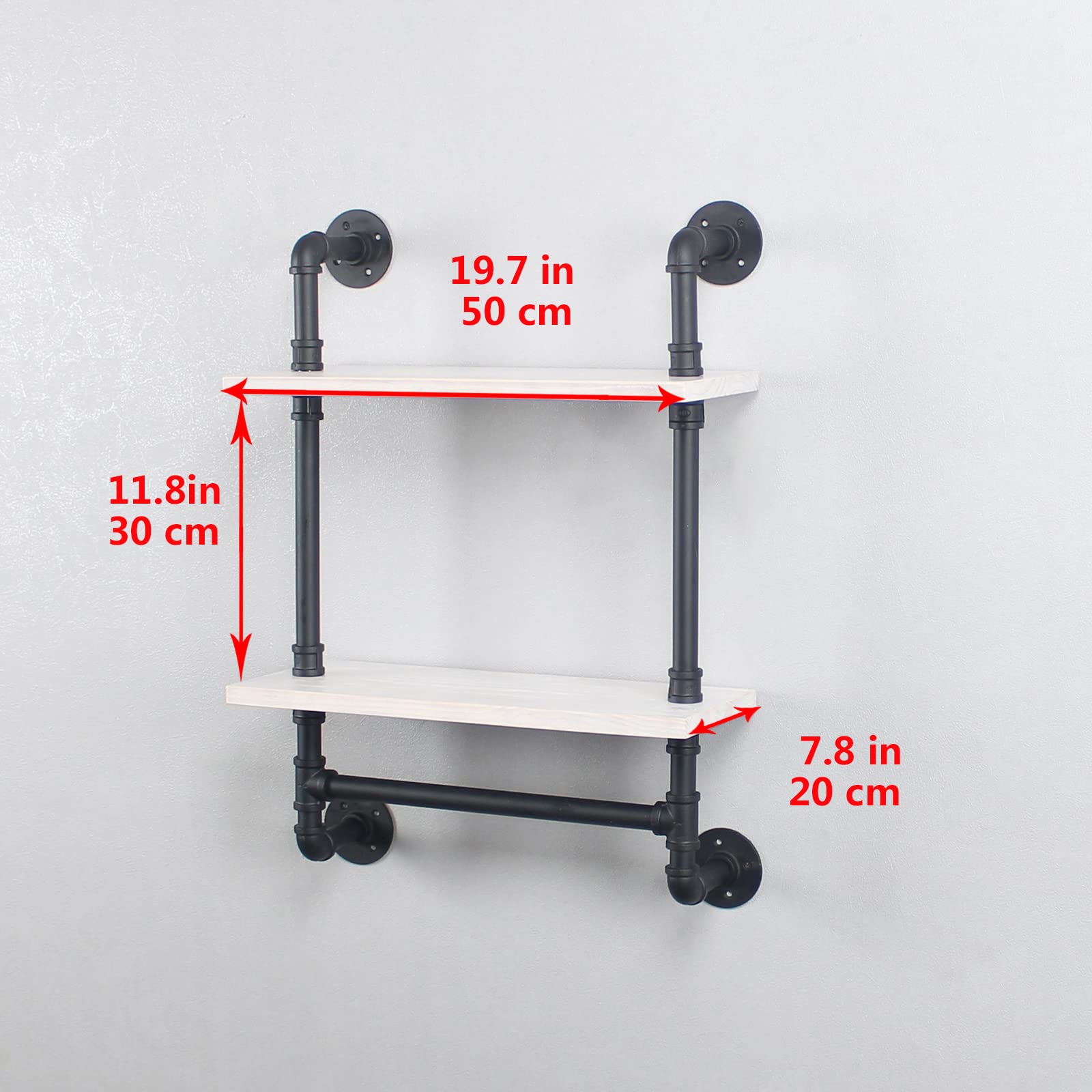 MBQQ Bathroom Shelves 19.6in Rustic Wood Shelf with Towel Bar 2 Tier Farmhouse Towel Rack Over Toilet Pipe Shelving Floating Shelves Towel Holder Black & White