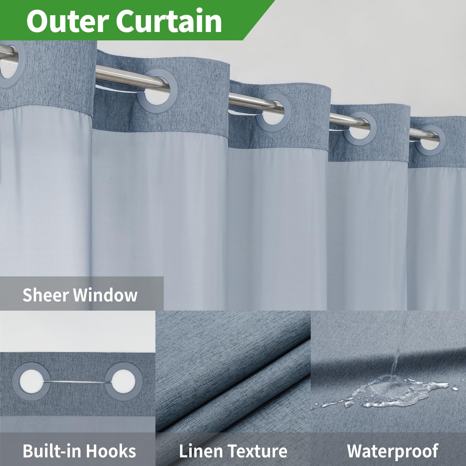 Eachope No Hooks Needed Linen Textured Shower Curtain With Snap-In Fabric Liner Set,Blue Grey Hotel Luxury Decor Shower Curtains