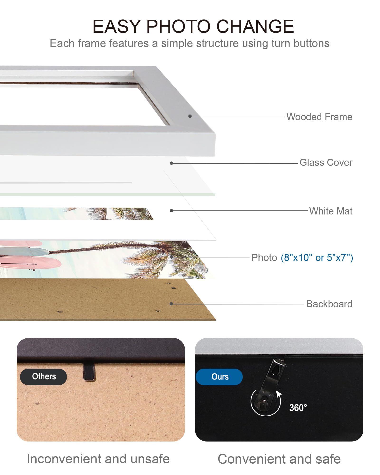 Hongkee 8x10 Picture Frame (4 Pack, Silver) Made of Real Glass and Wooden Frame - Display Pictures 5x7 with Mat or 8x10 Without