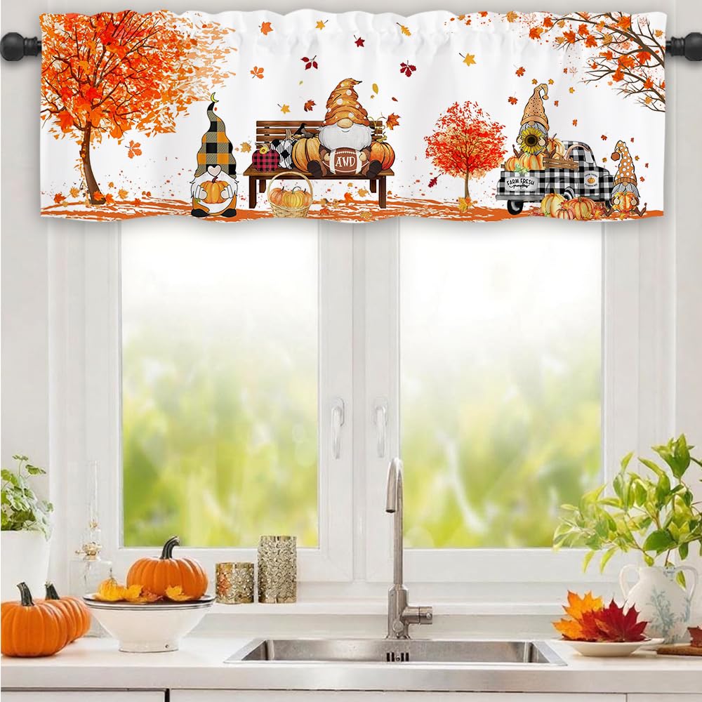 Finphoon Fall Kitchen Valances for Windows, Gnome Pumpkin Leaves Window Valances 54x18, Autumn Thanksgiving Farmhouse Rod Pocket