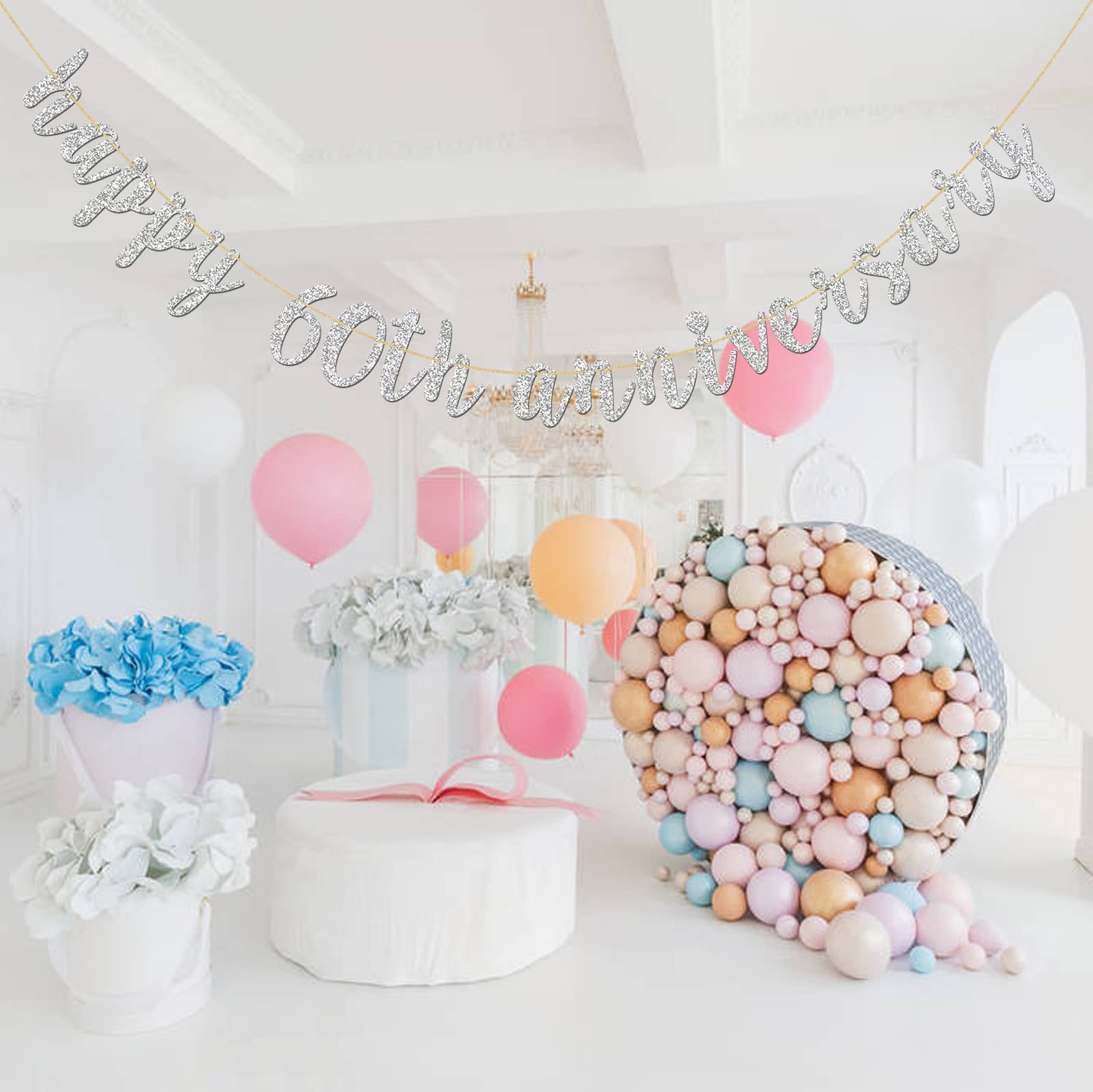 Innoru Glitter Silver Happy 60Th Anniversary Banner - Sixty Sign - 60Th Birthday Banner - 60Th Wedding Anniversary Party Bunting