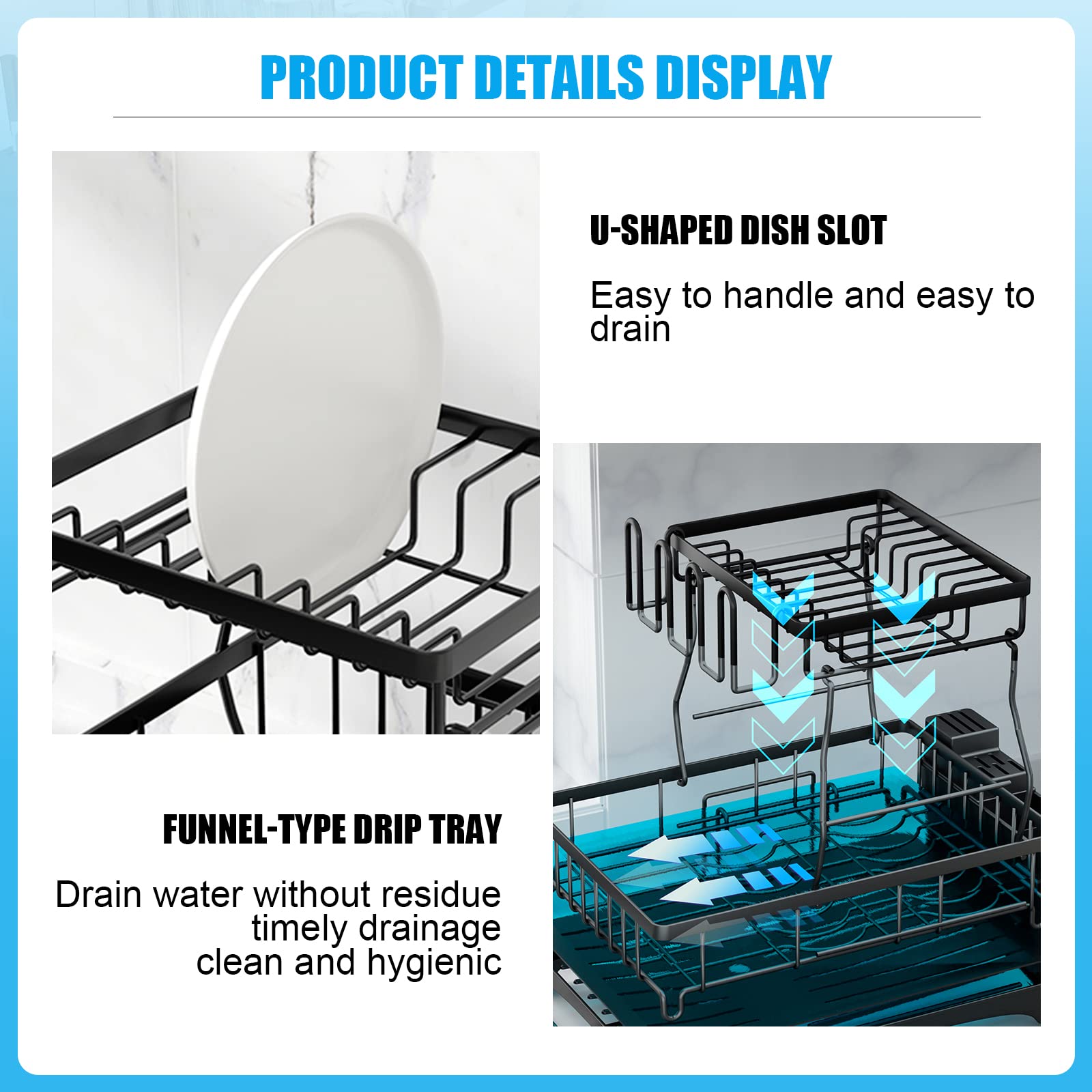 7 Code Large Dish Drying Rack For Kitchen Counter, Detachable Large Capacity Dish Drainer Organizer With Utensil Holder, 2-Tier