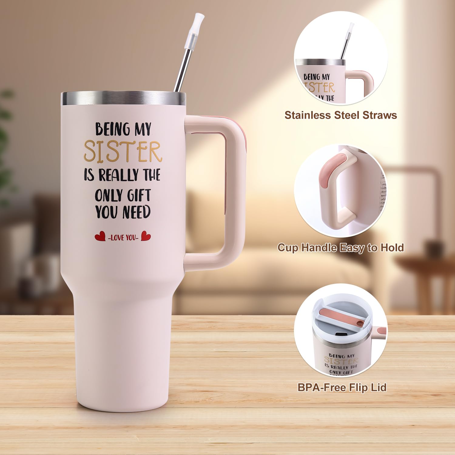 Sister Tumble with Handle 40oz Sisters Birthday Gifts - Sister Gifts from Sisters, Stainless Steel Insulated Travel Cup with Lid