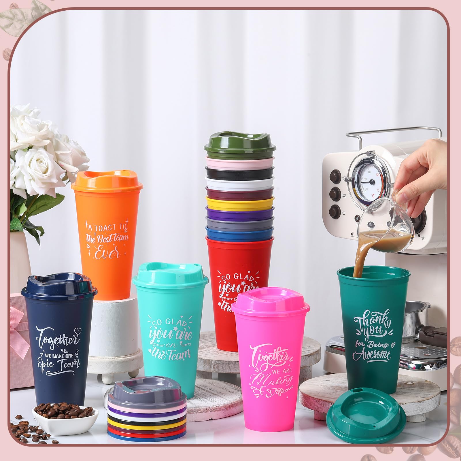 Pickmesh 15 Pcs Employee Appreciation Gift Thank You Gift For Team 16Oz Plastic Coffee Cup With Lid Inspirational Tumbler Travel