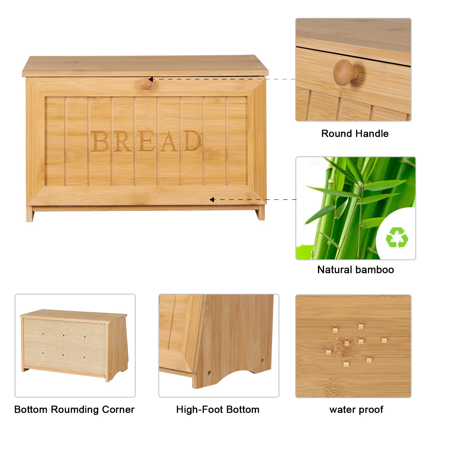 HOMEKOKO Vintage Large Wood Bread Box for Kitchen Counter, Retro Design Single Layer Bamboo Large Capacity Food Storage Bin (Nat