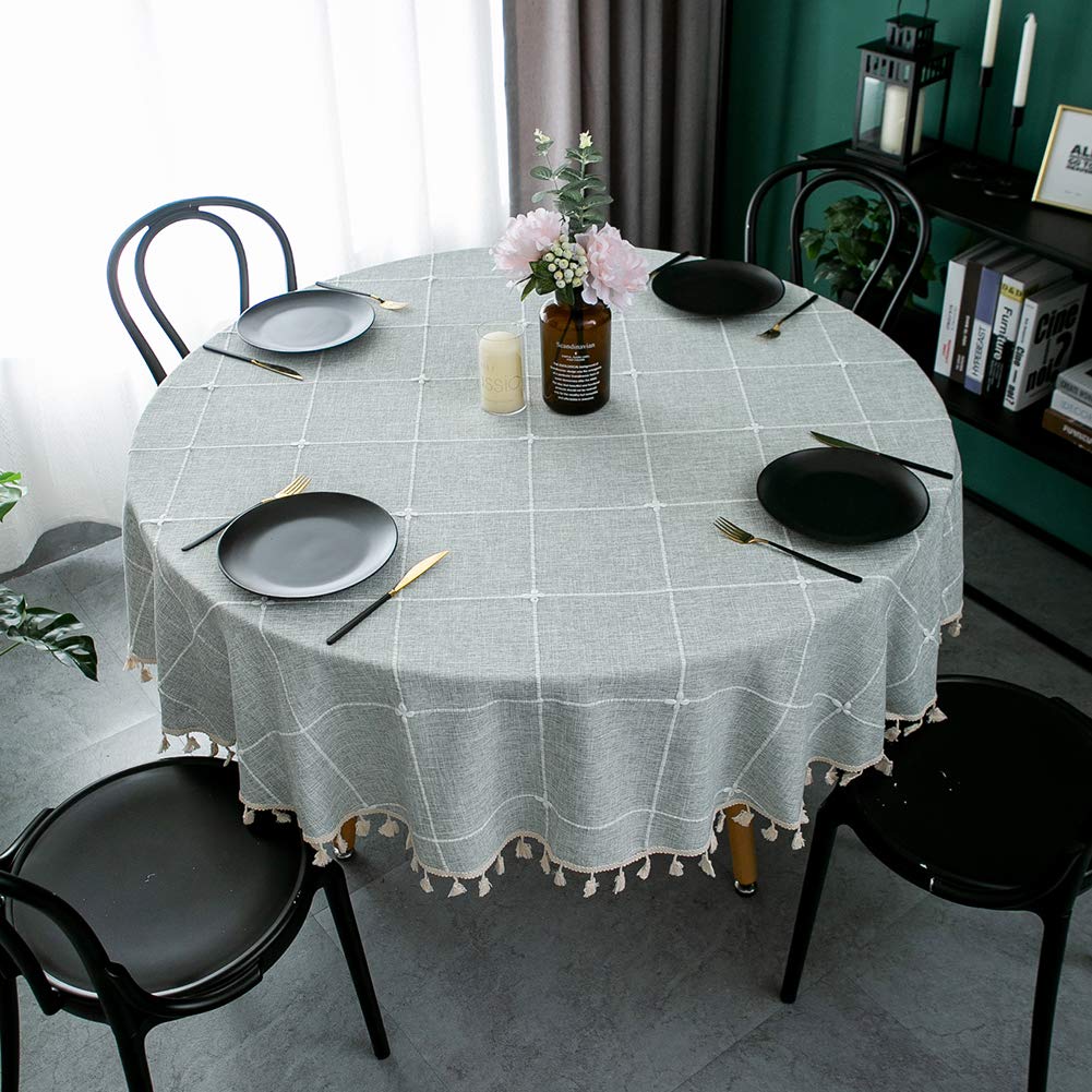 Colorbird Solid Embroidery Lattice Tablecloth Cotton Linen Dust-Proof Gray Table Cover For Kitchen Dinning 70 Inch Round Tablecl