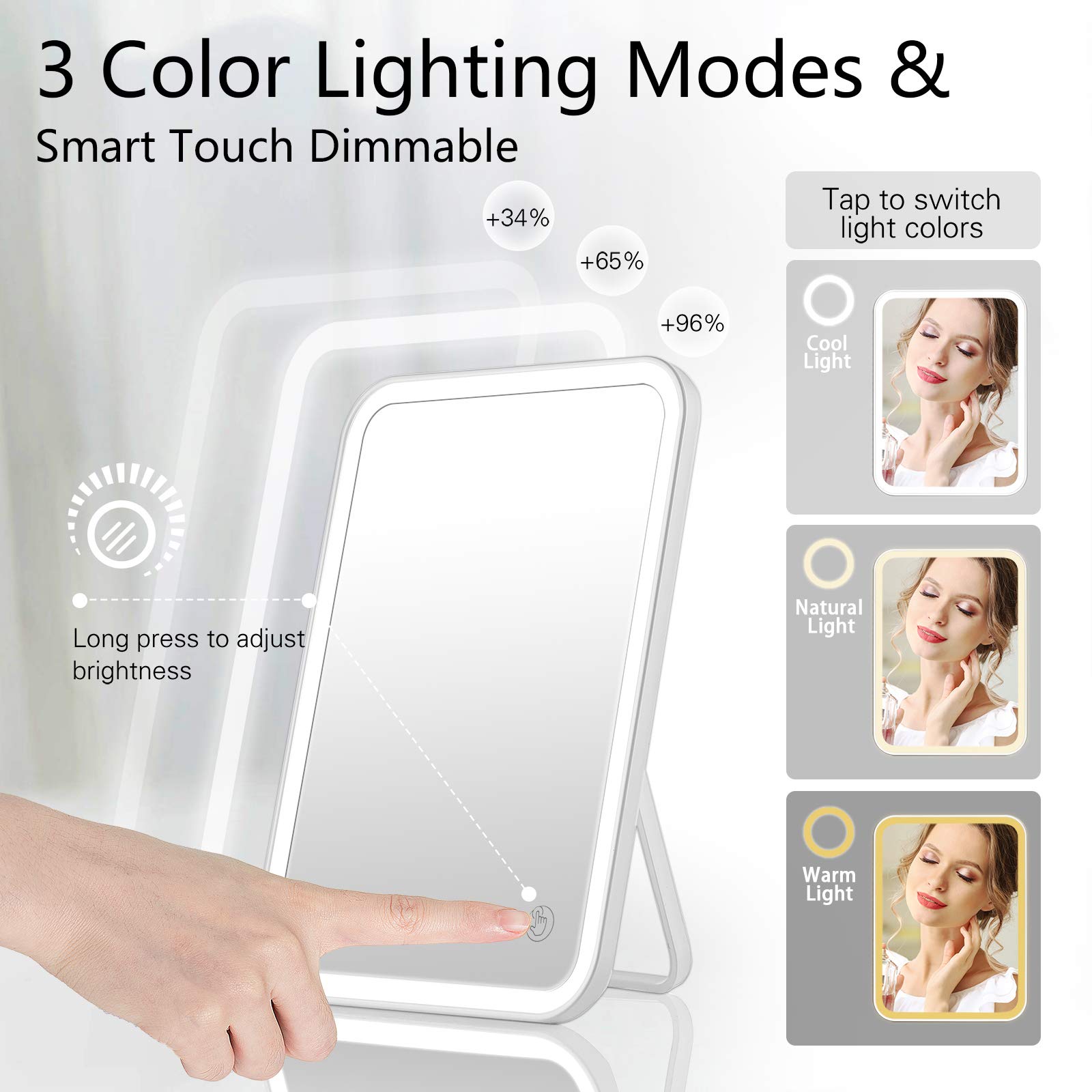 Kookin Lighted Vanity Makeup Mirror With Lights 3 Color Lighting Modes Rechargeable Touch Screen Adjustable Tabletop Wall Hangin