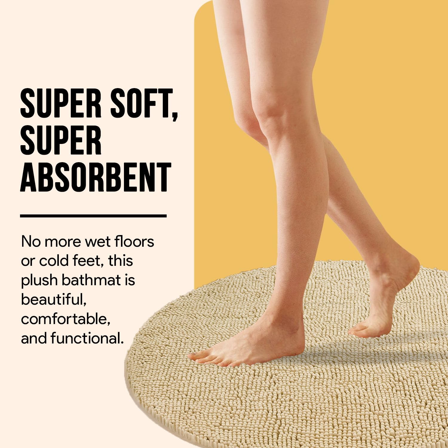 MAYSHINE Soft Plush Chenille Round Bathroom and Area Rug  Absorbent Microfiber Bath Mat  Machine Washable  Non-Slip Grip  Quick-Dry  Great for Bath  Shower  Bedroom  Dog or Door Mat (Beige  3x3 Foot)