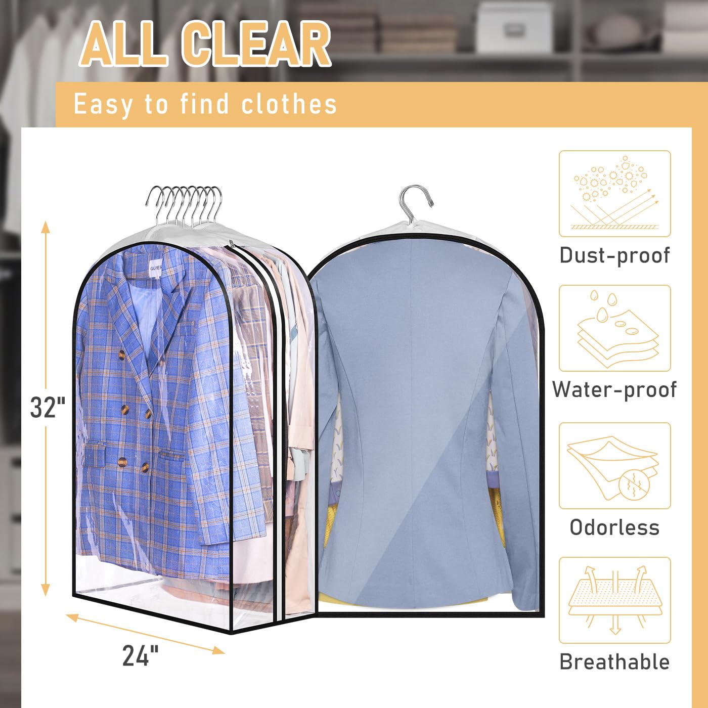 Misslo 32'' All Clear Garment Bags For Hanging Clothes 10'' Gusseted Suit Bags For Closet Storage Suit Cover Bags Hanging Clothe