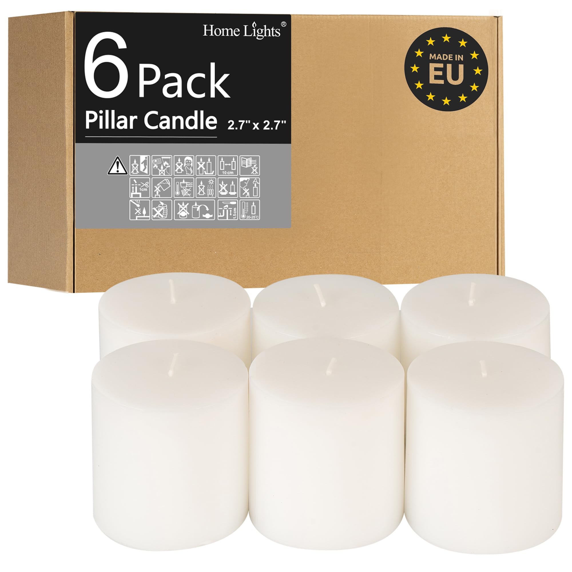 Pillar Candles - 2.7x3 inch | 30 Hours Burning, 6 Count - White Unscented Smokeless European Pillar Candles - Perfect for Weddin
