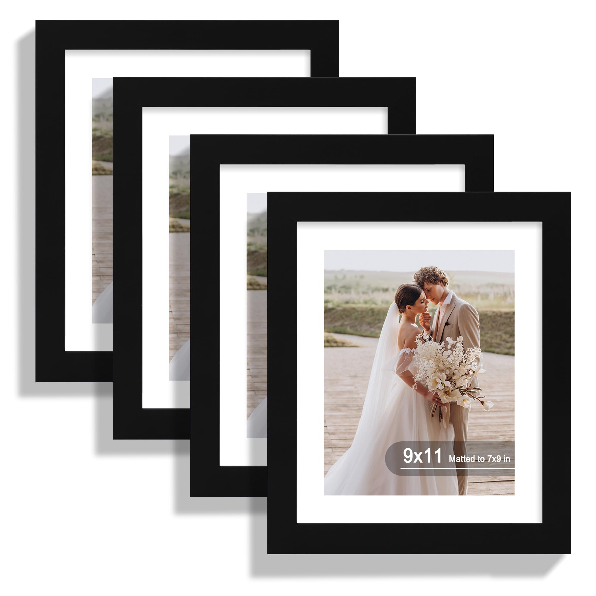 Hongkee 9x11 Picture Frame Set of 4, Made of Real Glass and Black Frame - Display Picture 7x9 with Mat or 9x11 Without Mat, 9 by