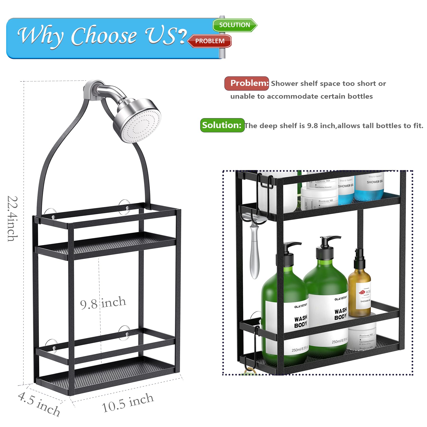 Meangood Shower Caddy, 10.4'' X 4.5'' X 22.04'' Hanging Shower Caddy Organizer Over Shower Head Big Capacity For Shampoo, Condit