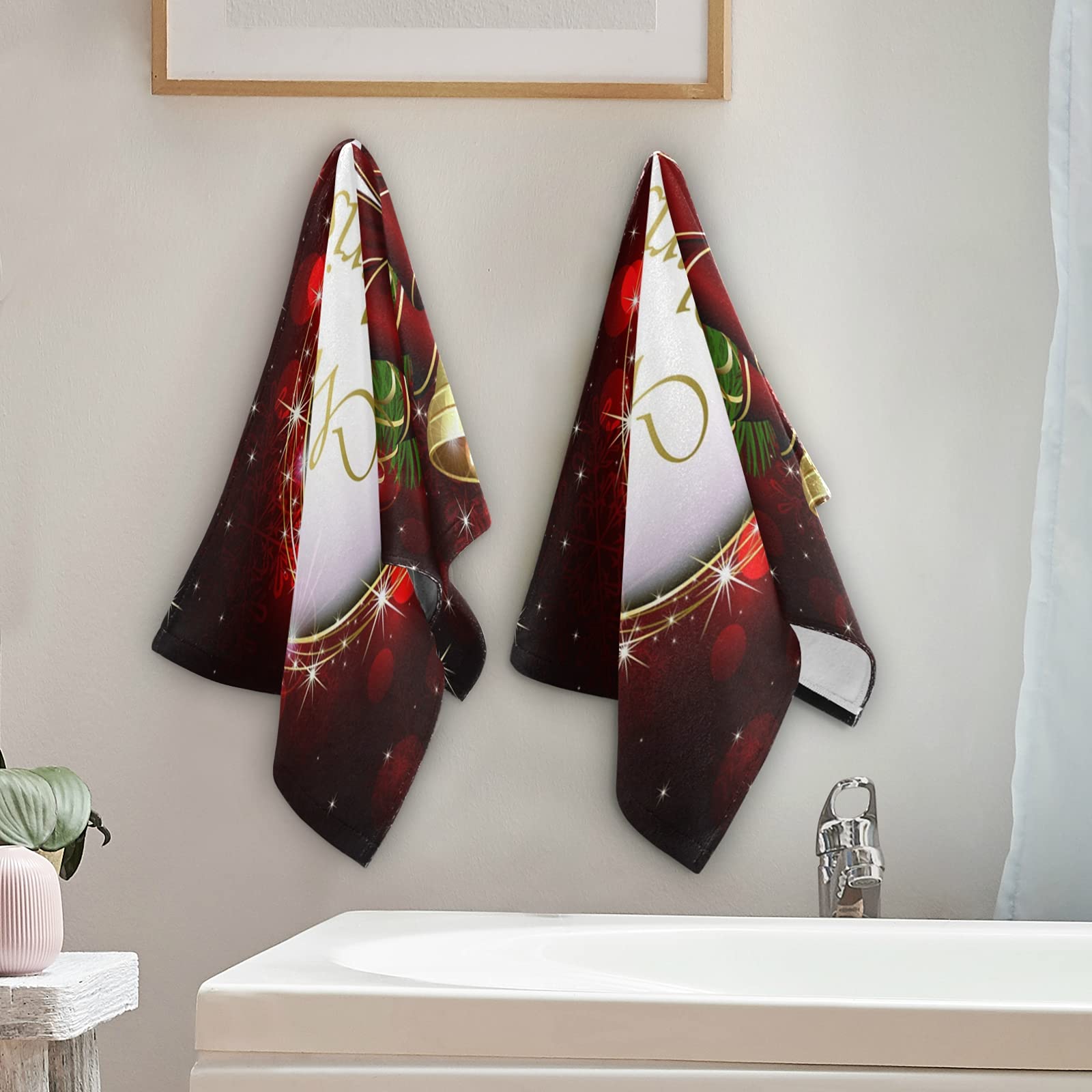 Pfrewn Christmas Bells Bow Hand Towel Set Of 2 Red Snowflakes Golden Glitter Bathroom Towel 16X30 In Soft Absorbent Small Guest