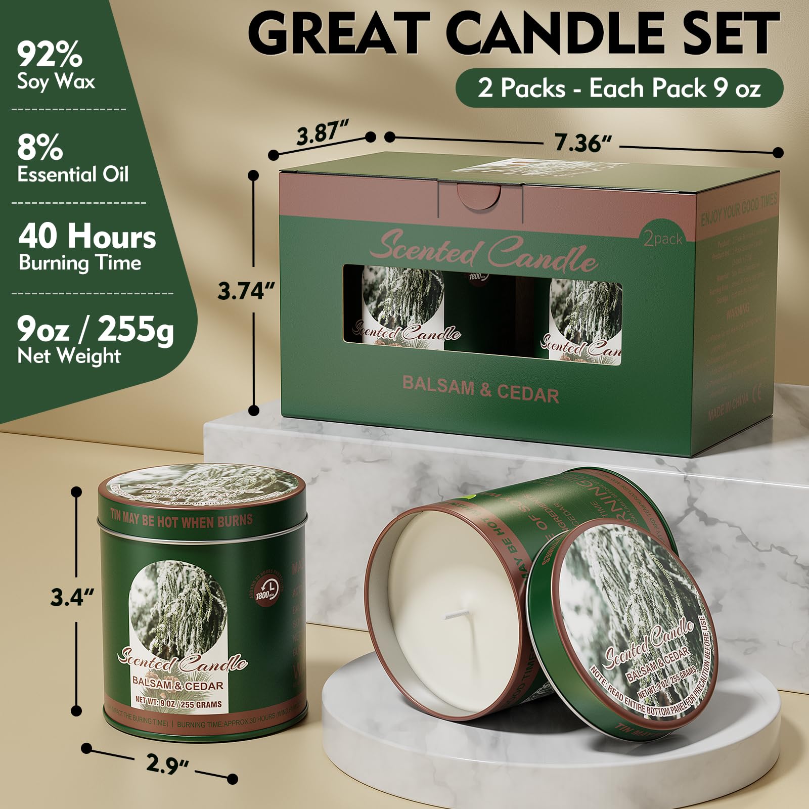 2 Pack Scented Candles (90 Total Burn Hours) - Soy Wax Candles 9 oz Each in Tin - Long Lasting Aromatherapy Candle Gift Set (Bal
