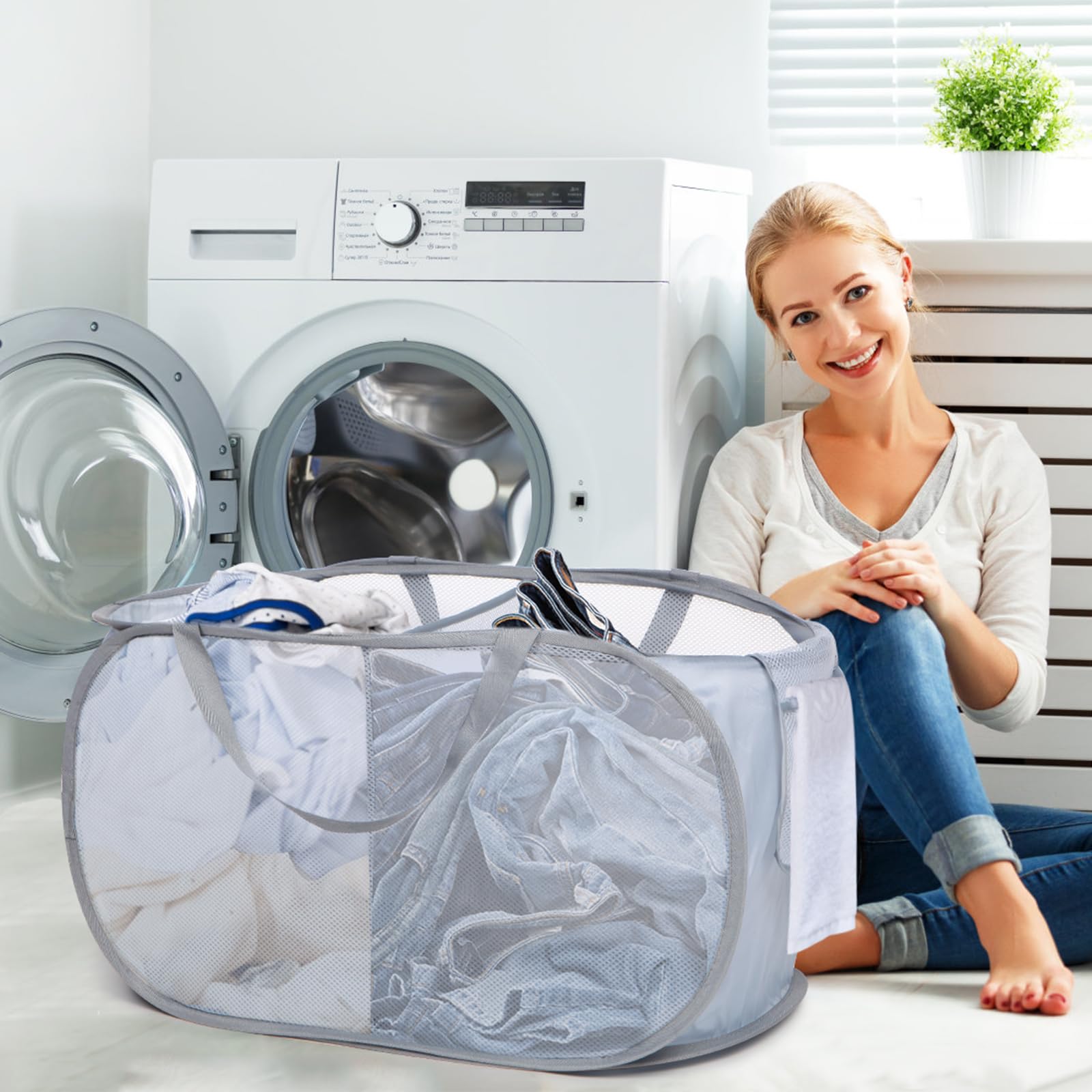 Bemkoo Sturdy Collapsible Laundry Basket, 2 Compartments, Durable Polyester, Gray, Foldable Pop Up Hamper for Home, Dorm, Travel