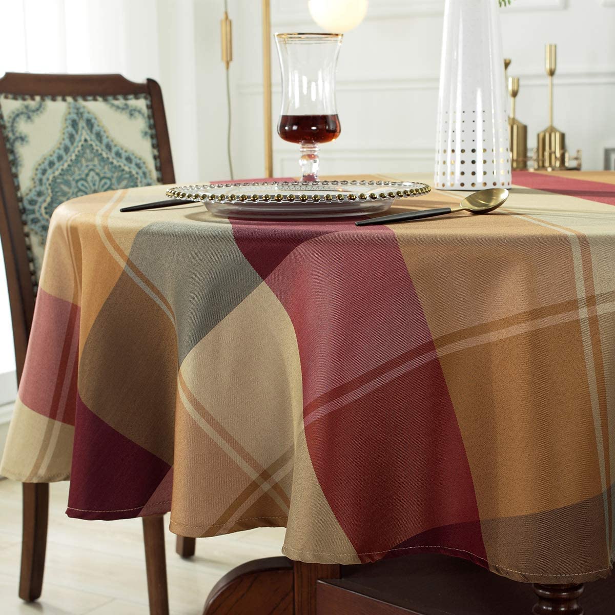 Sastybale Round Tablecloth Checkered Style Polyester Table Cloth Dust-Proof Wrinkle Resistant Heavy Weight Table Cover For Kitch