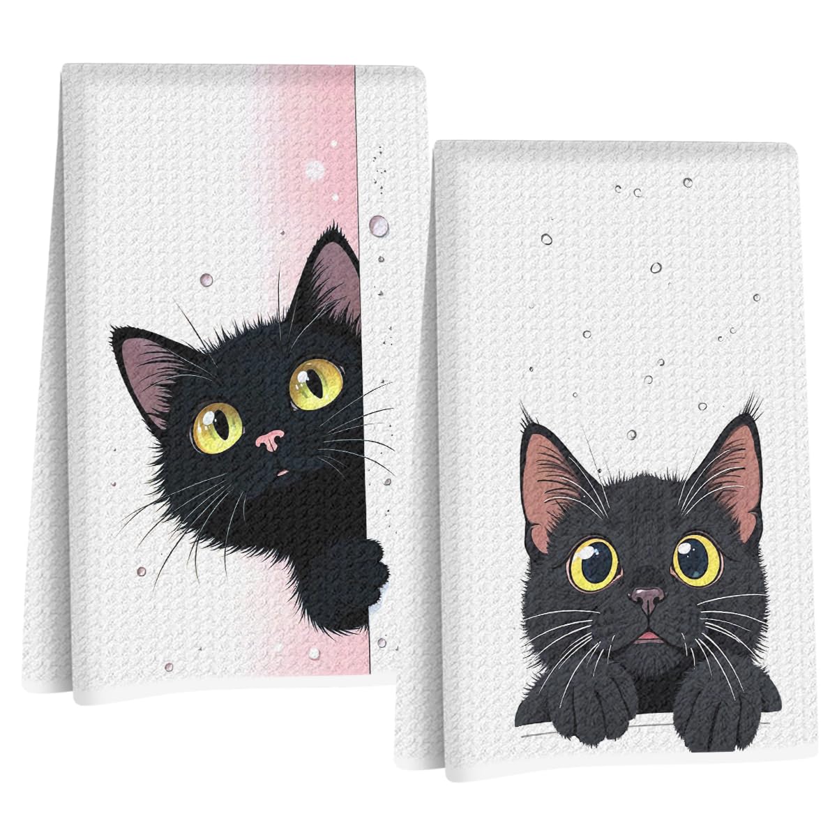 Jztco 2 Pcs Cute Cat Kitchen Towels, Cats Gifts Reusable Hand Tea Towel, Microfiber Dish Cloths for Drying Dishes, Waffle Dish T