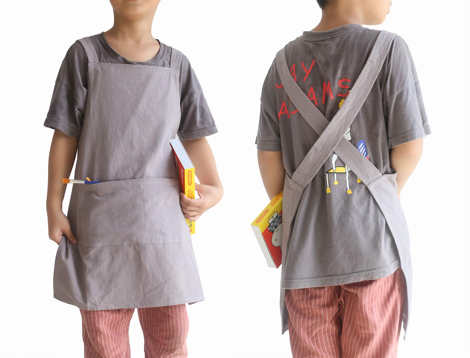 Losofar Children Cotton Cross Back Apron Japanese Style Bib Home Clothes Painting Soft Comfort Pinafore Apron For Girls Boys (Gr