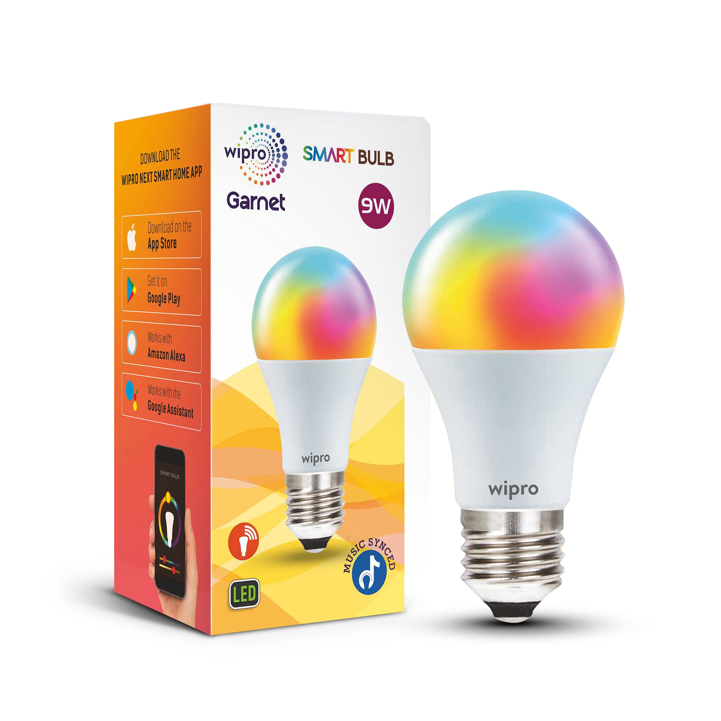 Wipro 9Watt E27 Wifi Smart Led Bulb With Music Sync (16 Million Colours + Warm White/Neutral White/White) (Compatible With Amaz