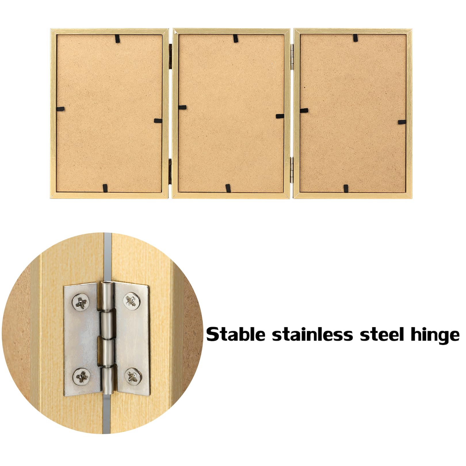 3 Picture Frame 4x6 Golden Triple Hinged MDF Wood with Glass Front Three Opening Photo Frame Stand Vertical on Tabletop