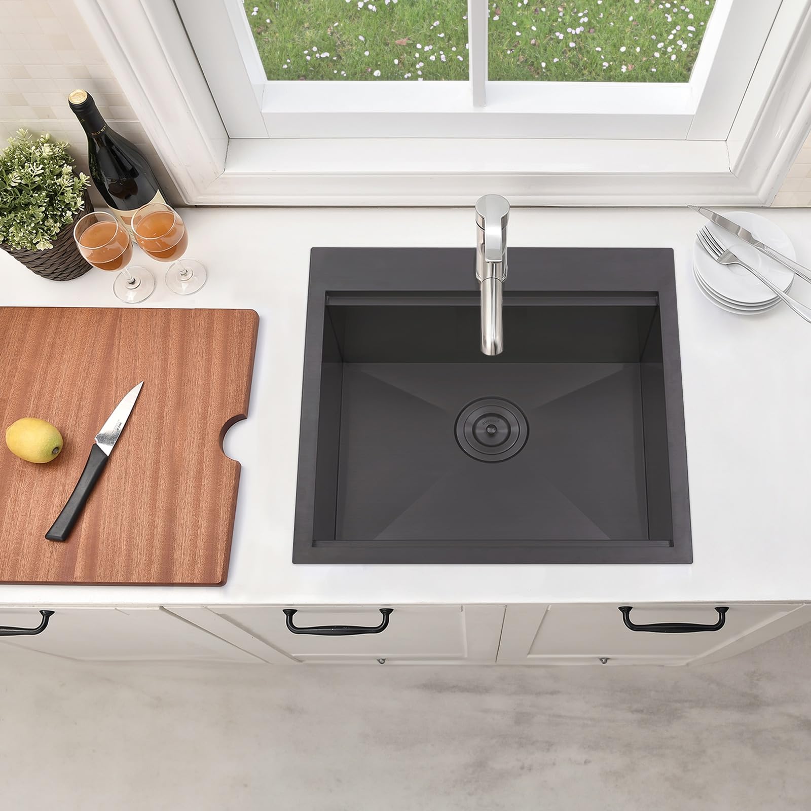 21X20 Inch Black Kitchen Sink, Drop In Bar Sink Black,Stainless Steel Square Small Topmount Workstation Kitchen Sink,Single Bowl