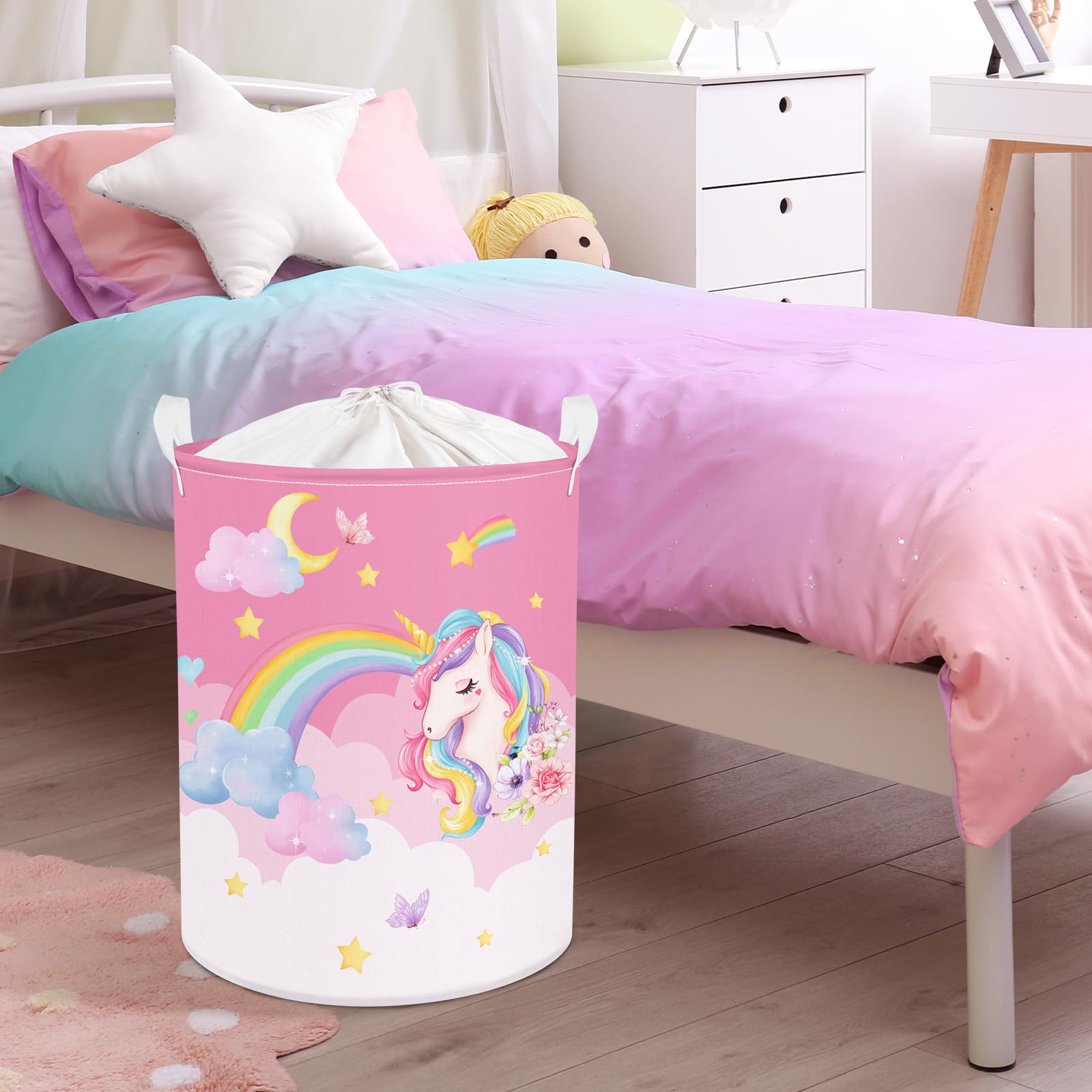 Clastyle 45L Pink Unicorn Laundry Basket For Girls Round Rainbow Kids Laundry Hamper Moon Stars Flower Cloud Toy Clothes Storage