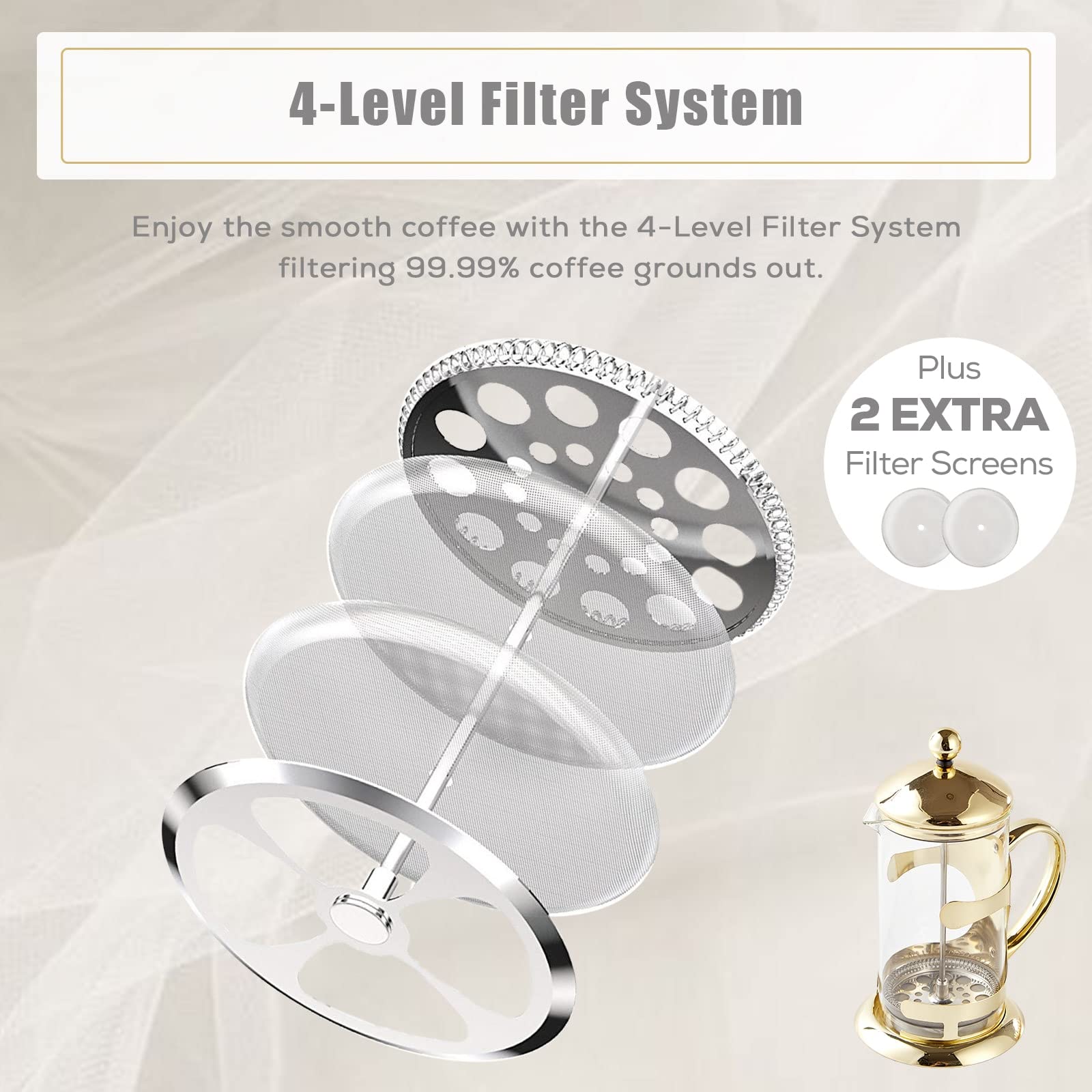 Dujust Gold French Press Coffee Maker, Luxury Design French Coffee Press With 4-Level Filter System, High-Grade Glass For Hot &