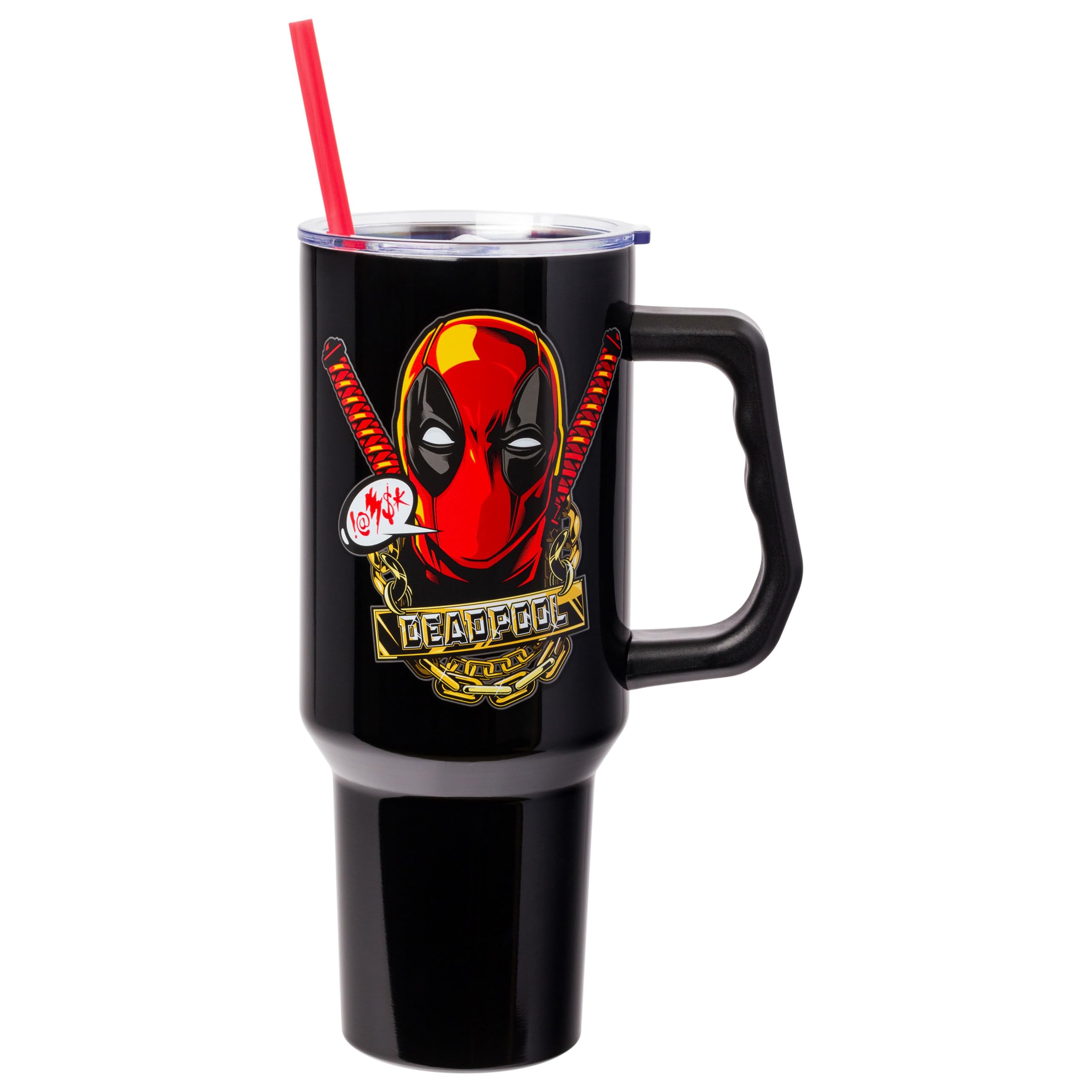 Silver Buffalo Marvel Deadpool Stainless Steel Tumbler with Handle and Straw, Fits in Standard Cup Holder, 40 Ounces