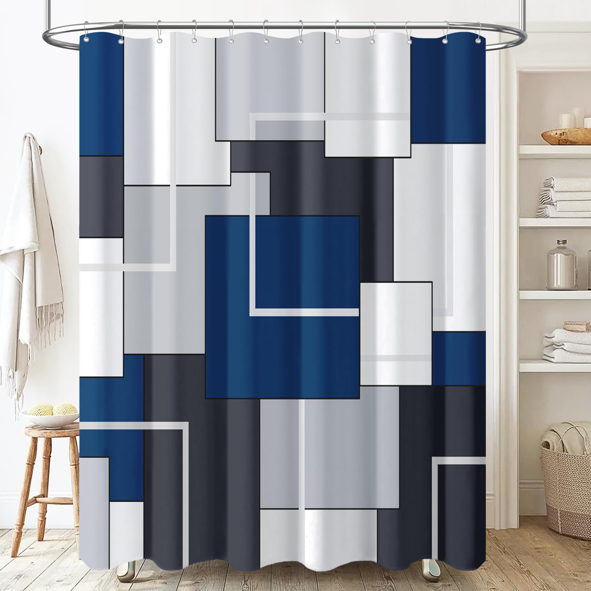 Bttn Navy Blue Fabric Shower Curtain - Geometric Water Repellent Shower Curtain Set, Machine Washable, Modern Decorative Polyest