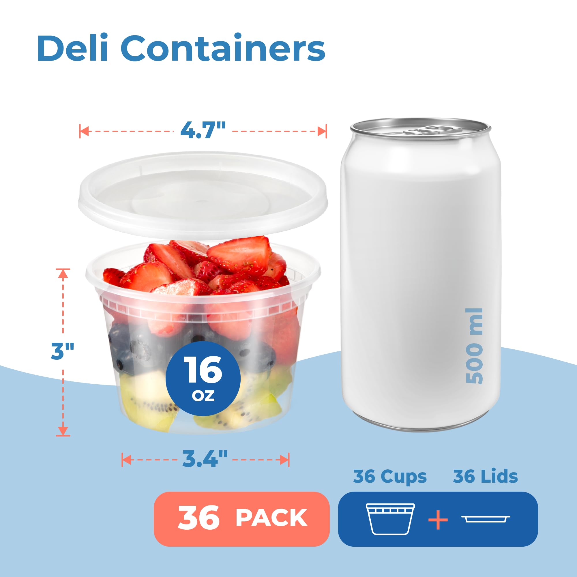 Fit Meal Prep 36 Pack 16 Oz Deli Containers With Lids, Us Made Airtight Leakproof Plastic Soup Container, Round Clear Pint Food