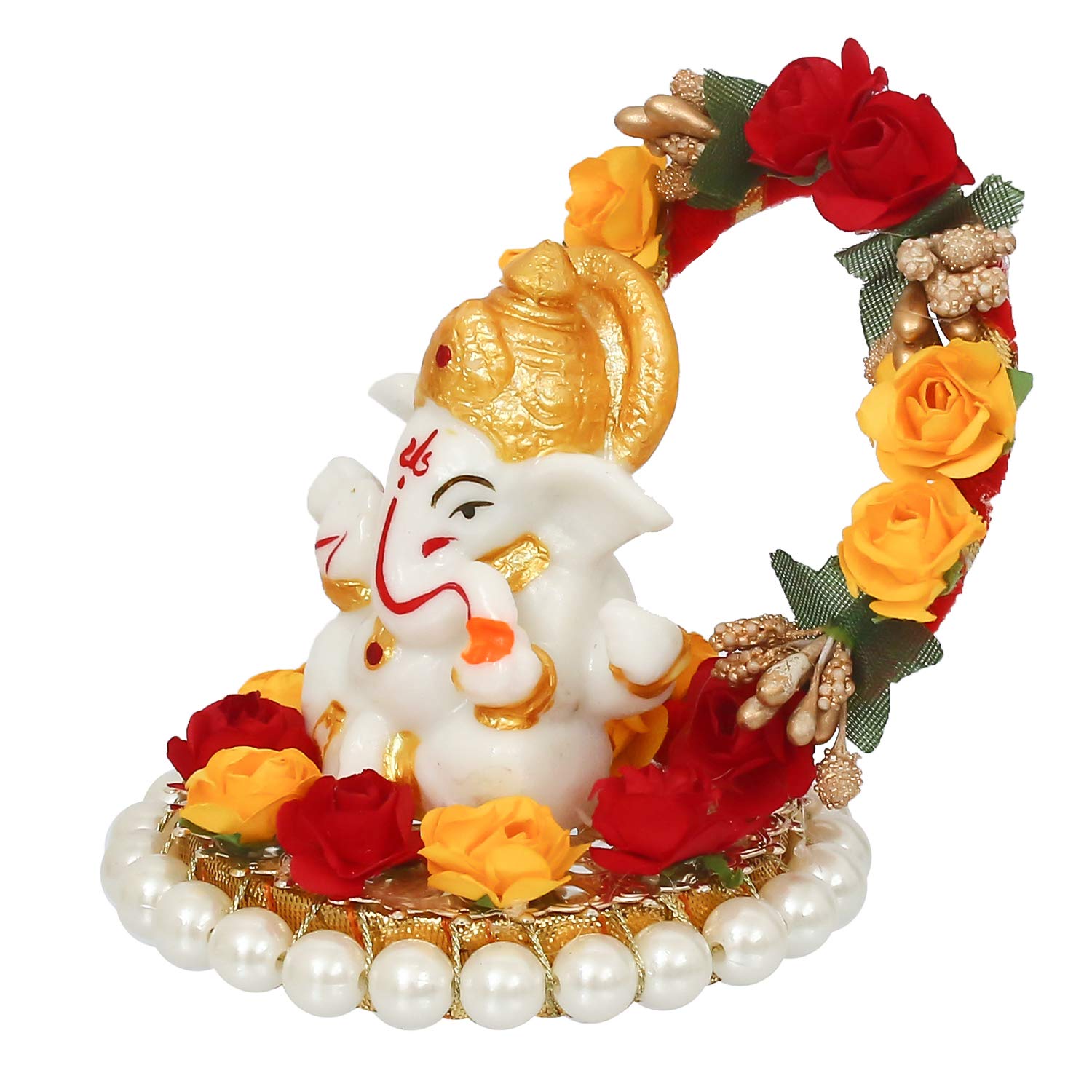 Ecraftindia Resin Lord Ganesha Idol On Decorative Rose Flower Plate- Ganesha Idol For Home Decor Car Dashboard- Ganesha Statue-