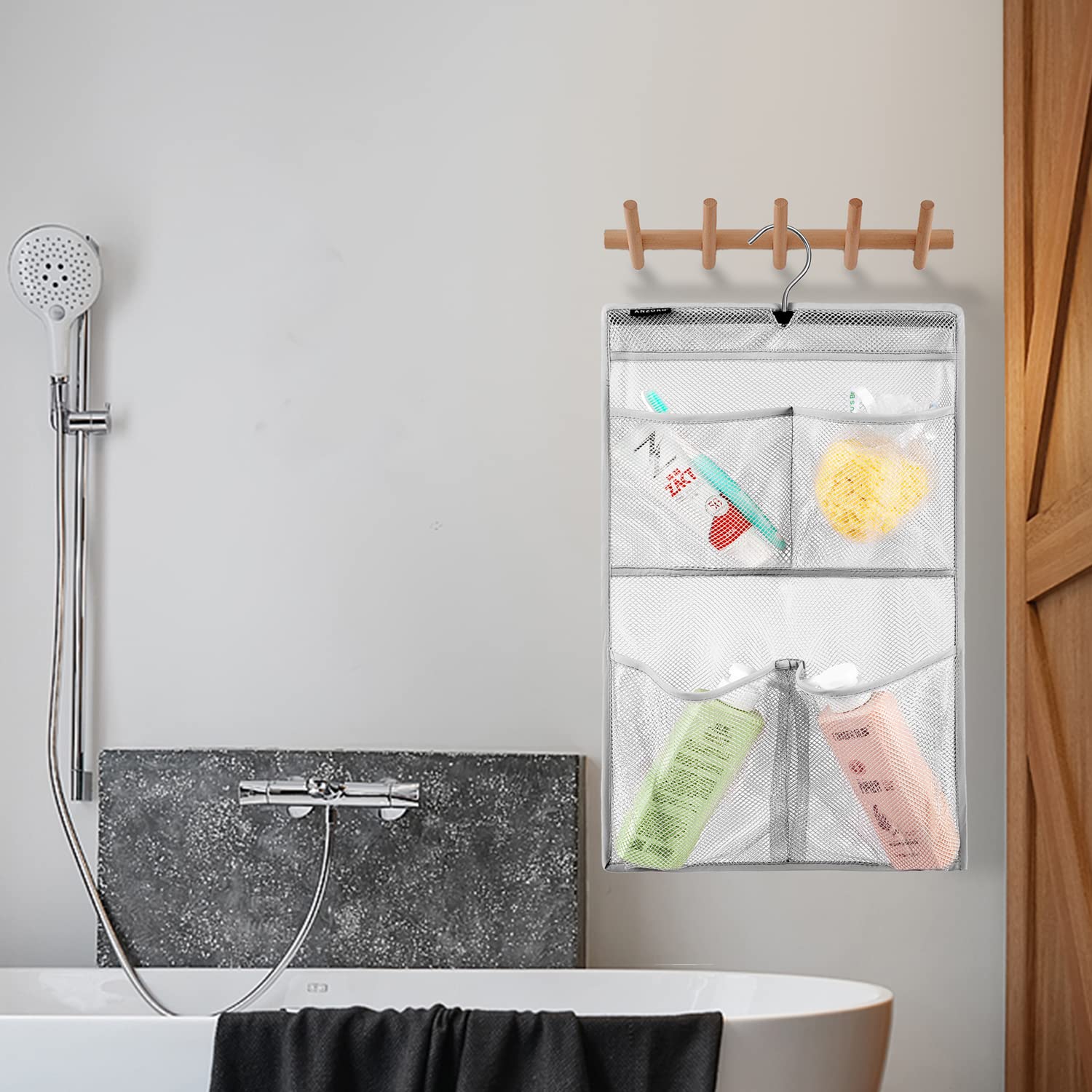 Anzorg Mesh Shower Organizer Hanging Caddy Quick Dry Bathroom Storage For Toiletry Accessories With Rotating Hanger (4 Pockets)