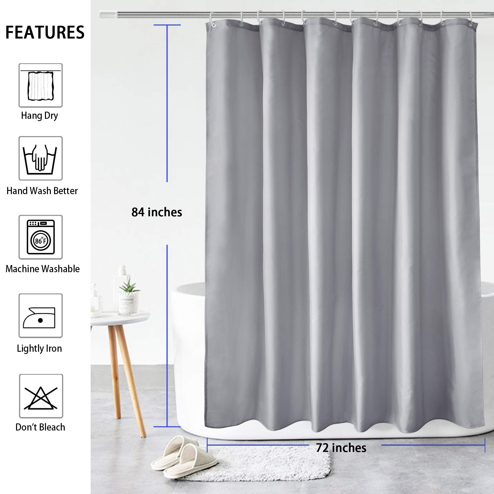 AooHome Extra Long Shower Curtain Liner  Fabric Shower Curtain with Hooks for Hotel  Waterproof  72 Width x 84 Height Inch  Light Grey