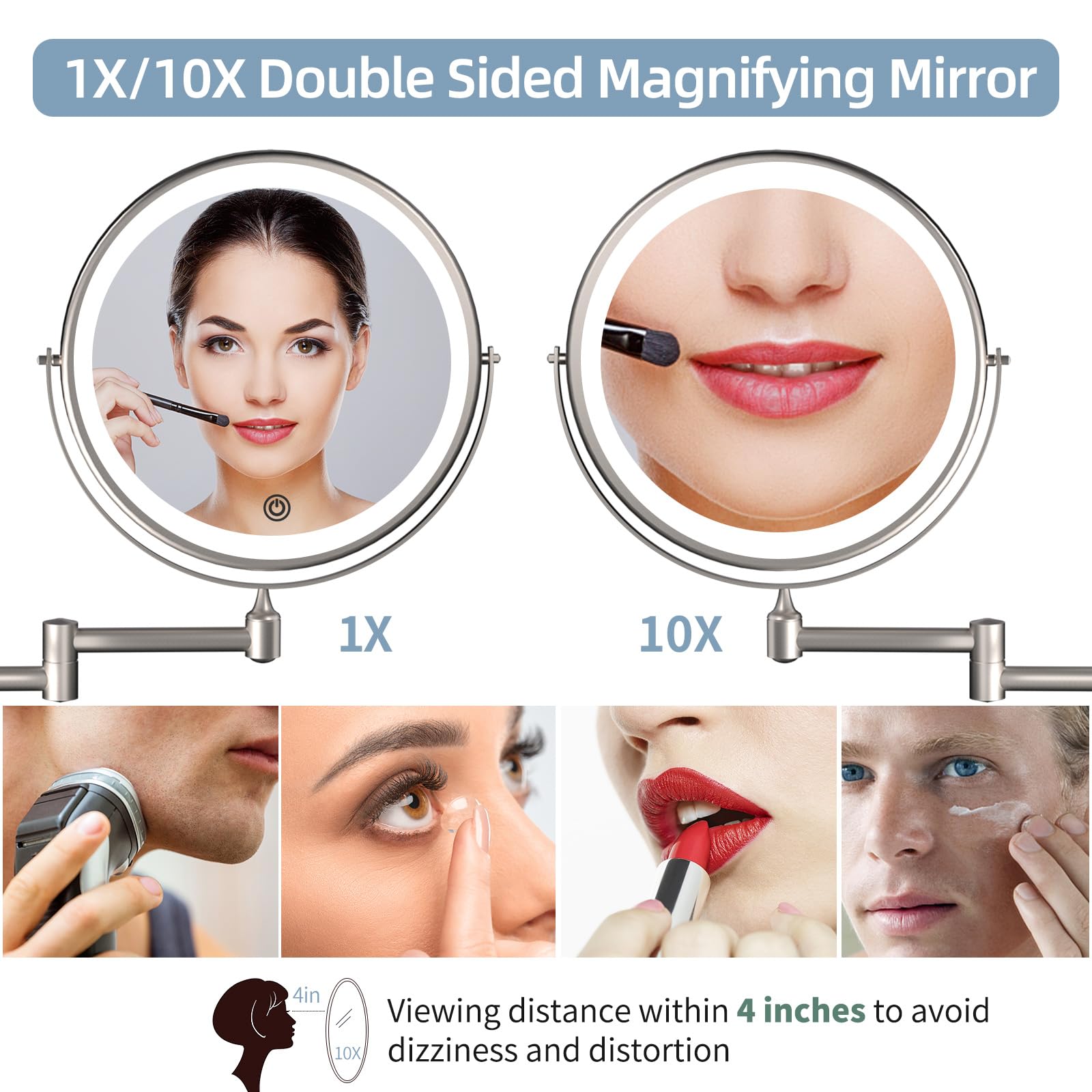Rechargeable Wall Mounted Lighted Makeup Vanity Mirror 8 Inch 1X/10X Magnifying Mirror With 3 Color Lights, Double Sided Bathroo