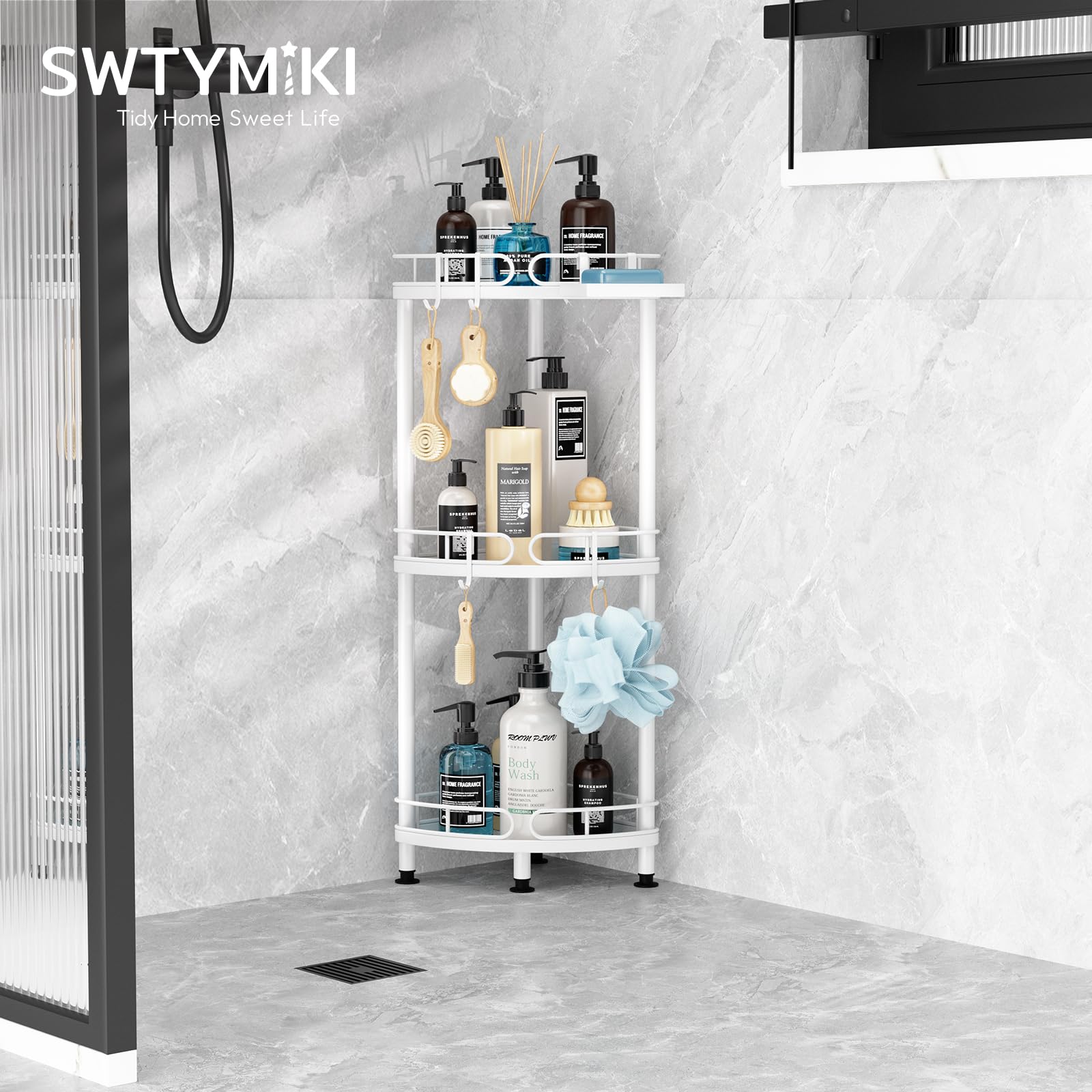 Swtymiki Corner Shower Caddy Standing - 3 Tier Stainless Steel Shower Organizer Stand With 4 Hooks & Soap Holder, Rustproof Meta