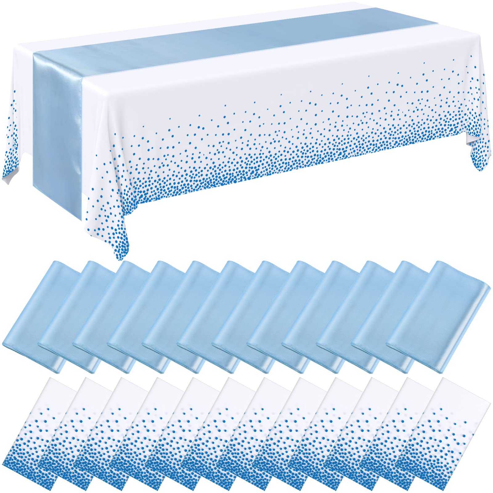Breling 24 Packs Baby Blue and White Disposable Plastic Tablecloths and Satin Table Runner Set, 54 x 108 Inch Tablecloth, 12 x 1