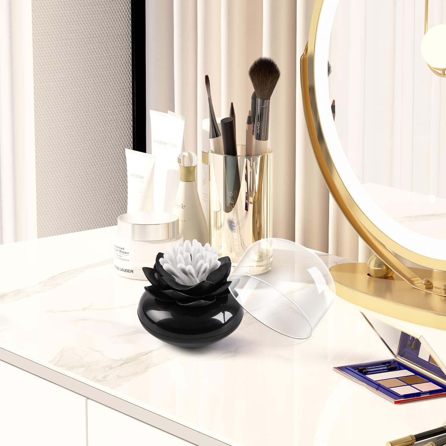 Bloss Lotus Cotton Swab Holder Cotton Swabs Bud Small QTips Box Toothpicks Container Flower Bathroom Decor - Black