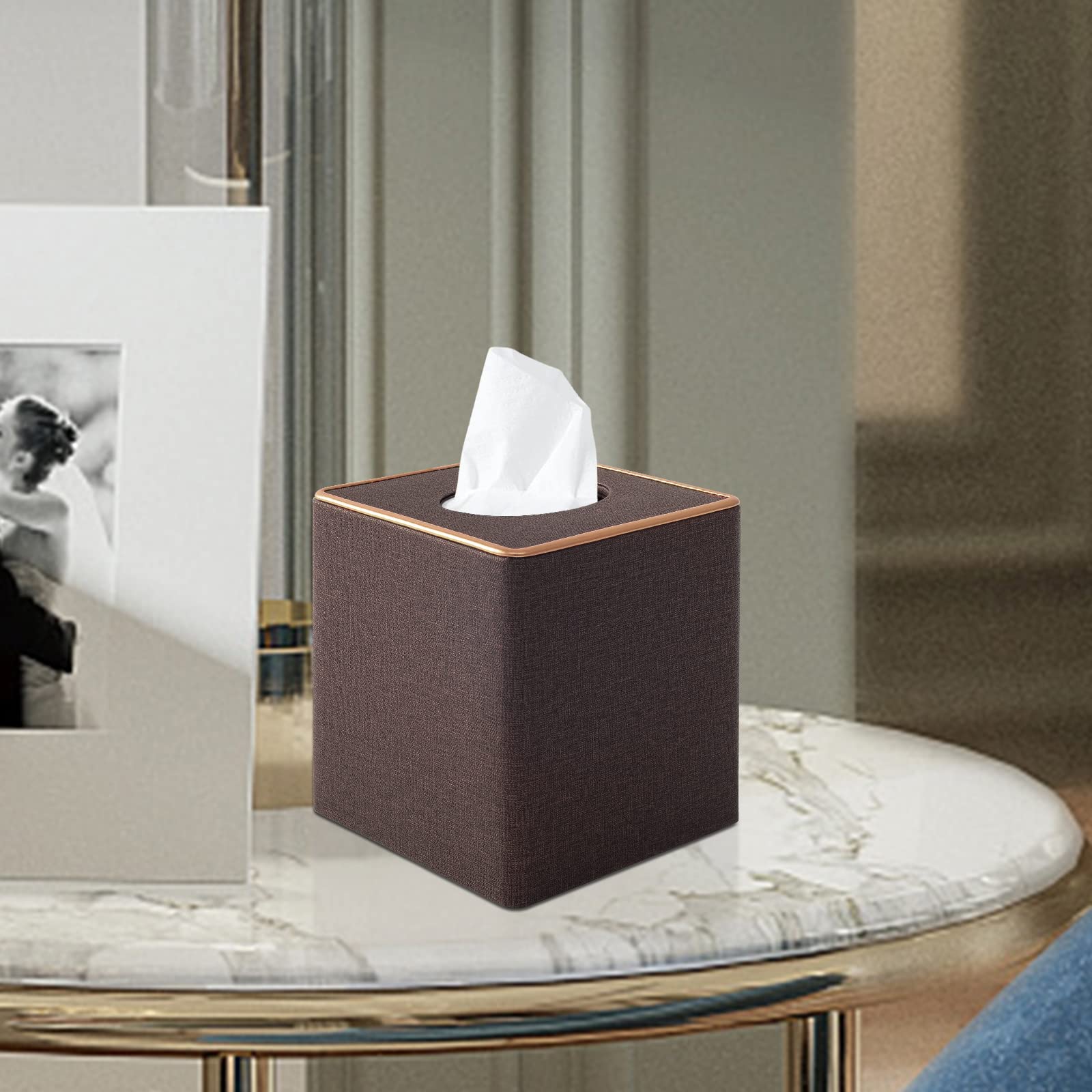 Rhcsz Linen Square Tissue Box Cover,Cube Tissue Box Holder-Excellent Rosegold Leather Decoration,Table Napkin Case Dispenser,Fac
