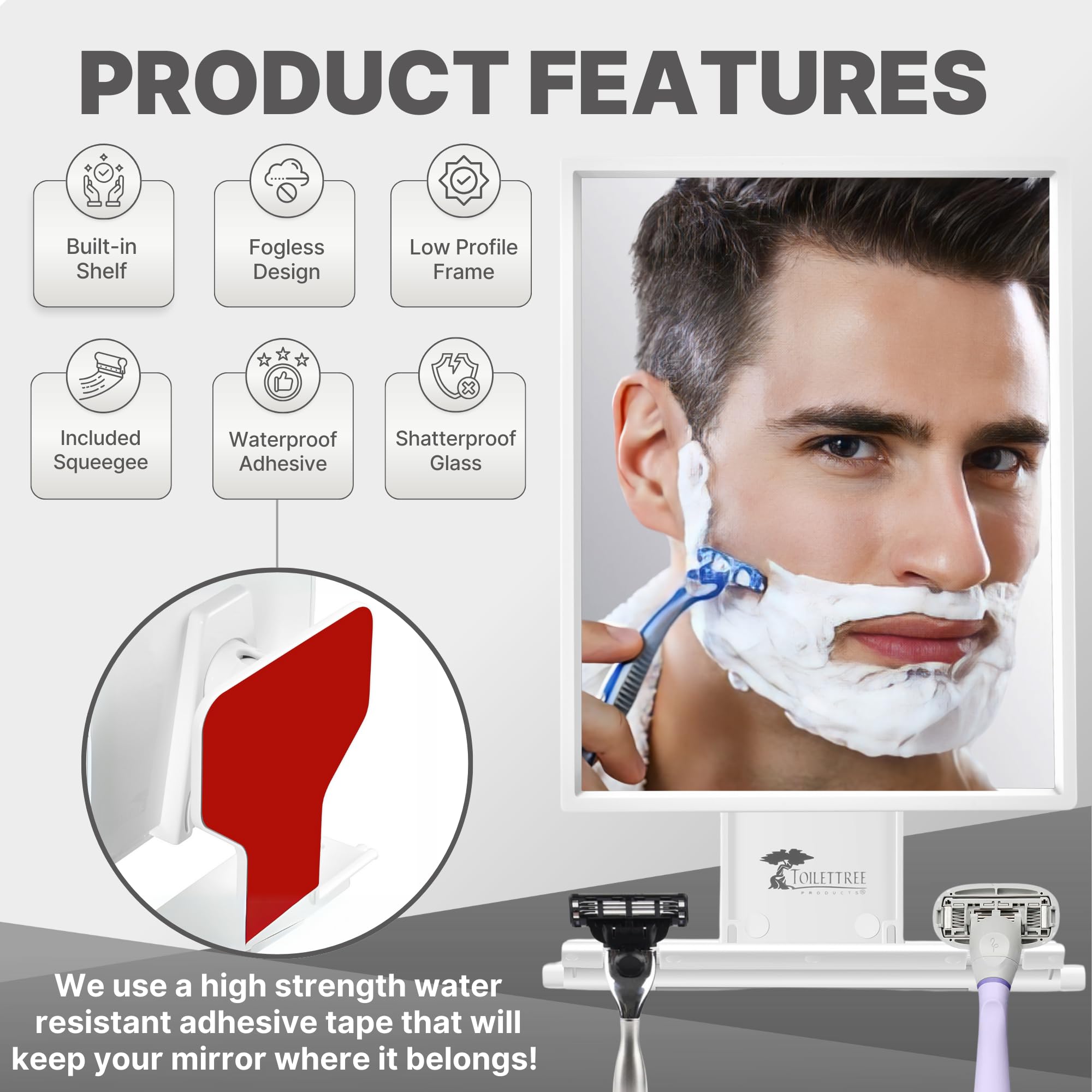 Toilettree Products Fogless Shower Mirror For Shaving & Makeup - Adjustable - Anti-Fog Mirror With Squeegee