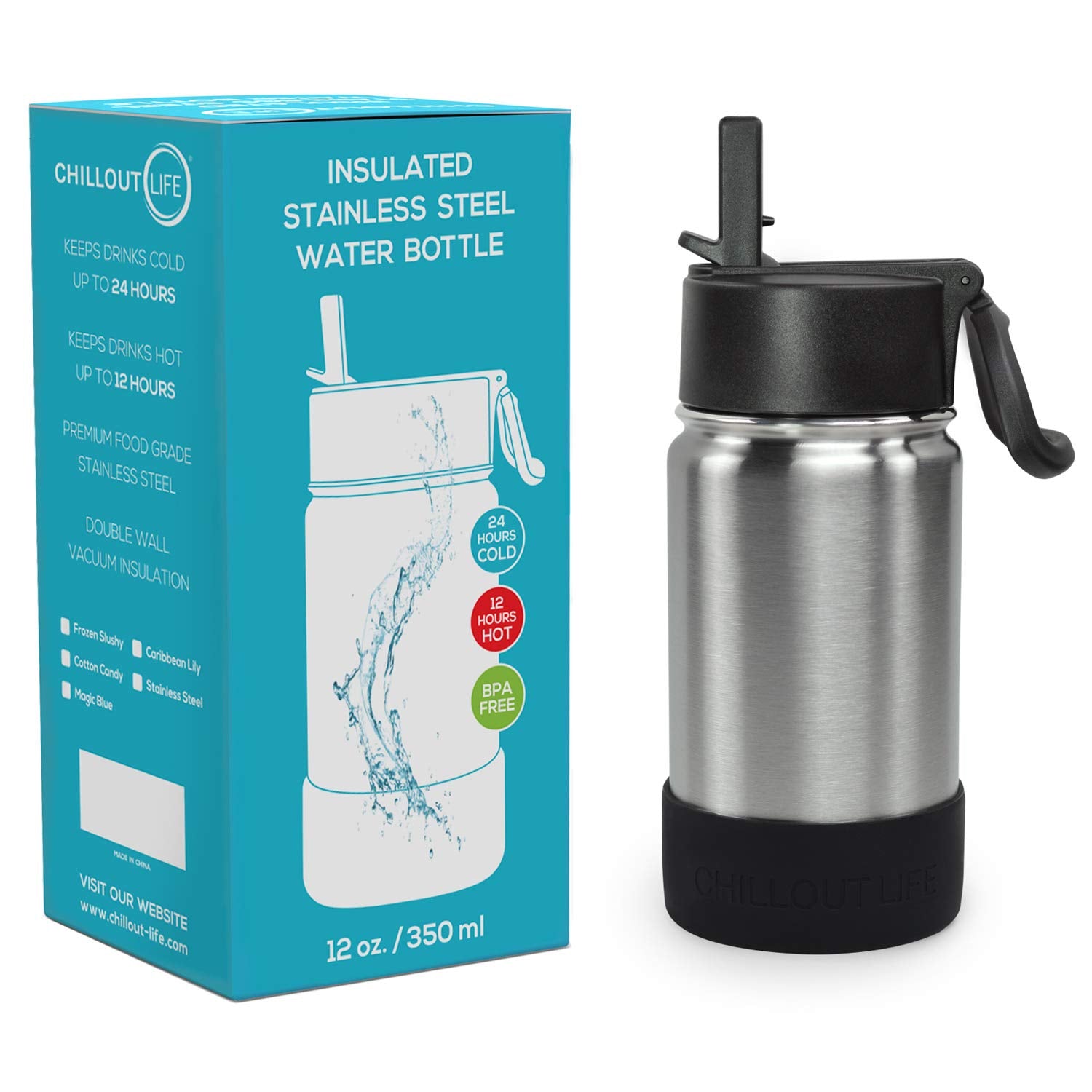 CHILLOUT LIFE 12 oz Kids Insulated Water Bottle for School with Straw Lid Leakproof?and Cute Waterproof Stickers  Personalized Stainless Steel Thermos Flask Metal Water Bottle  Dishwasher Safe Color